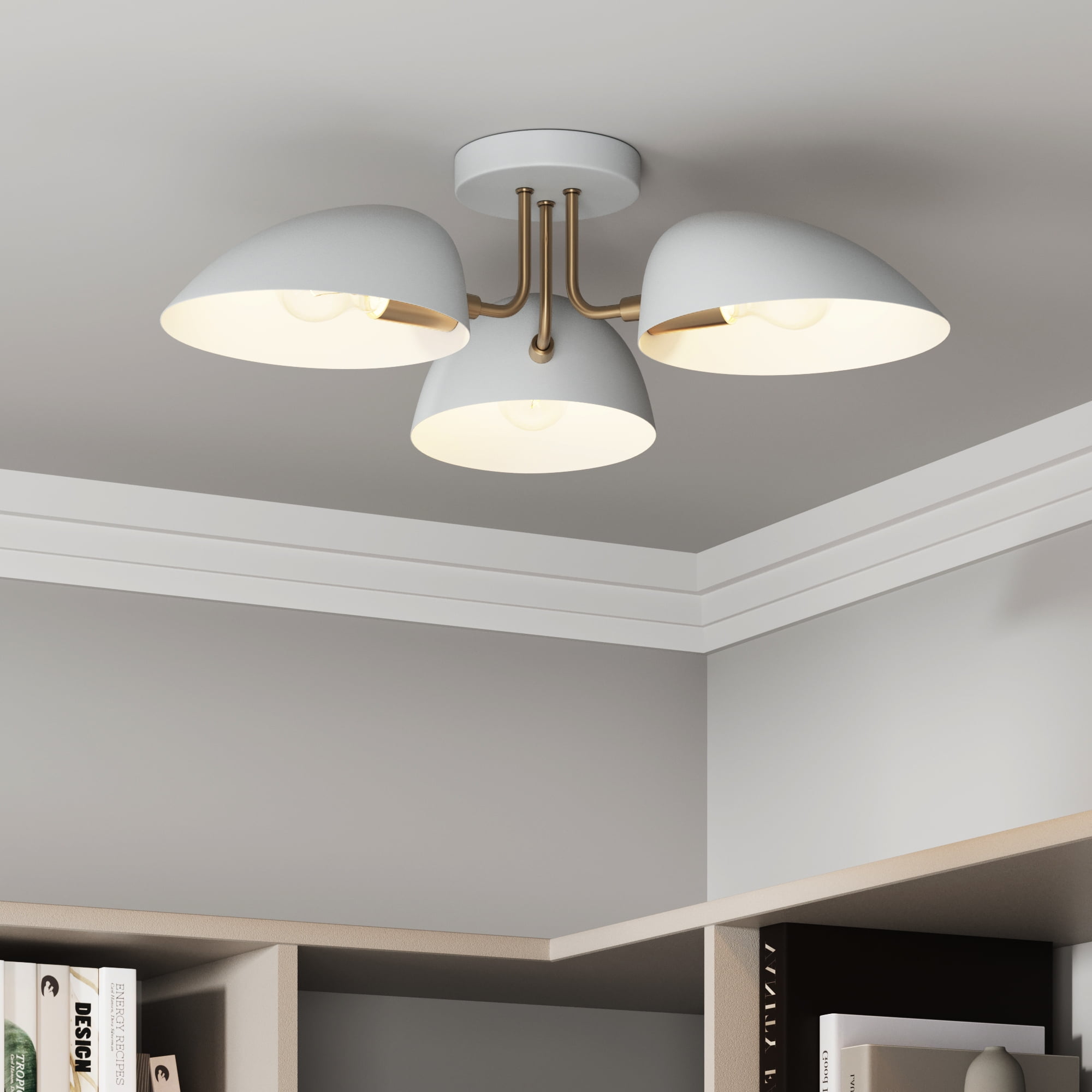 Nathan James Argo Semi Flush Ceiling Mount 3-Light Fixture with Retro White Rounded Shade for Hallway, Kitchen or Bedroom
