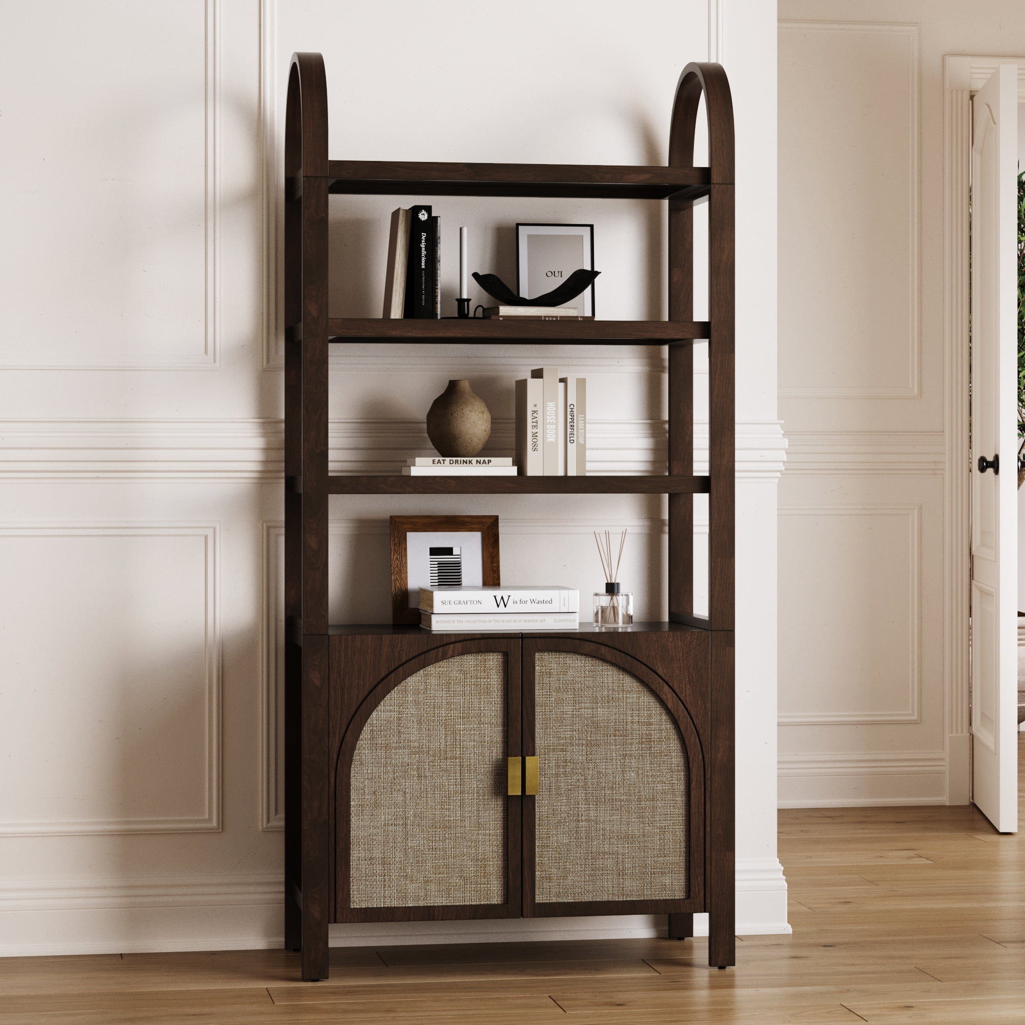 Nathan James Paxton Boho Bookshelf Cabinet with Solid Wood Frame Rattan Bookshelf with Cabinet Base, Arched Bookcase Cabinet for Living Room or Home Office, Dark Acacia