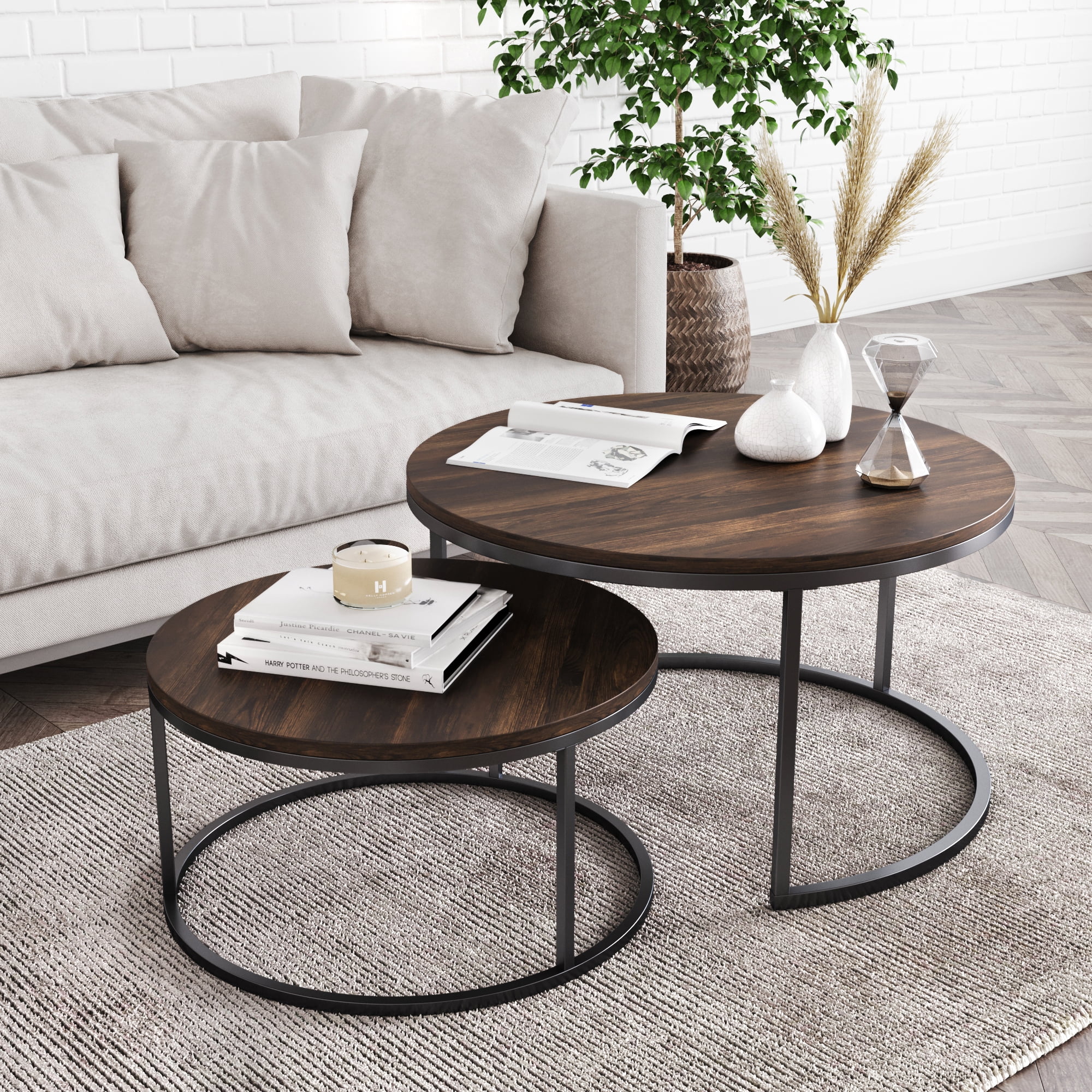 Nathan James Stella Round Nesting or Stacking Coffee Table Set of 2 Wood Finish Metal Frame, Warm Nutmeg/Black