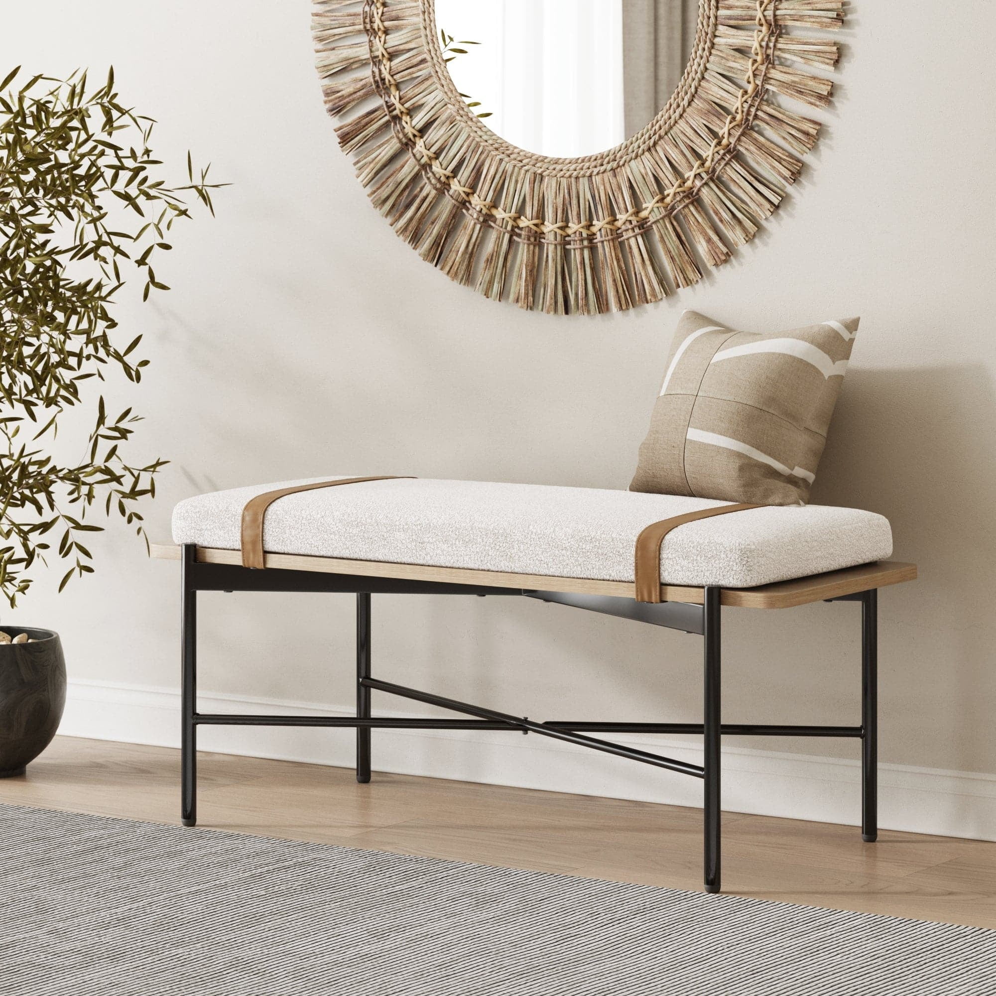 Nathan James Thatcher Upholstered Entryway Bench with Removable Boucle Cushion, Vegan Leather Straps, and Matte Black Metal Legs