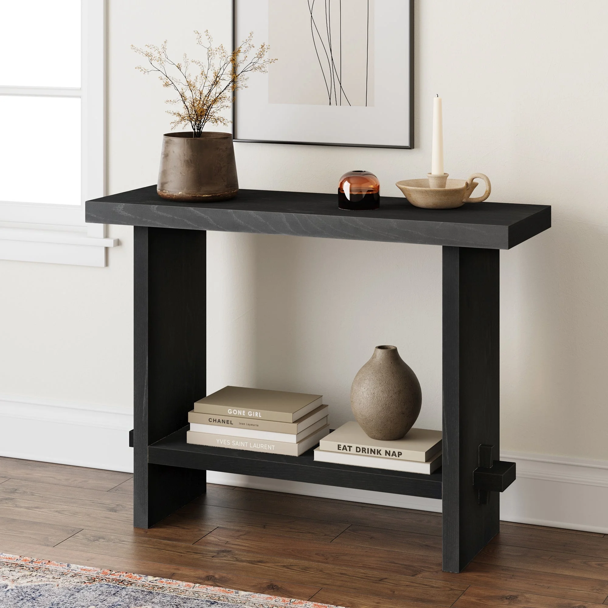 Nathan James Virgo Farmhouse Console Table, Open Storage 2-Tier Behind the Sofa Table, Entryway Accent Table, Reclaimed Black Oak