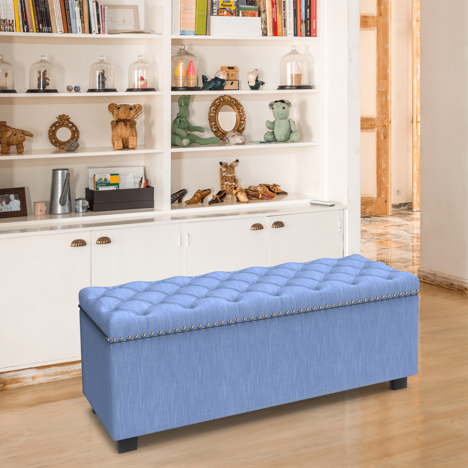 Nathaniel Home Button Tufted Storage Ottoman with Nailhead-Color:Blue