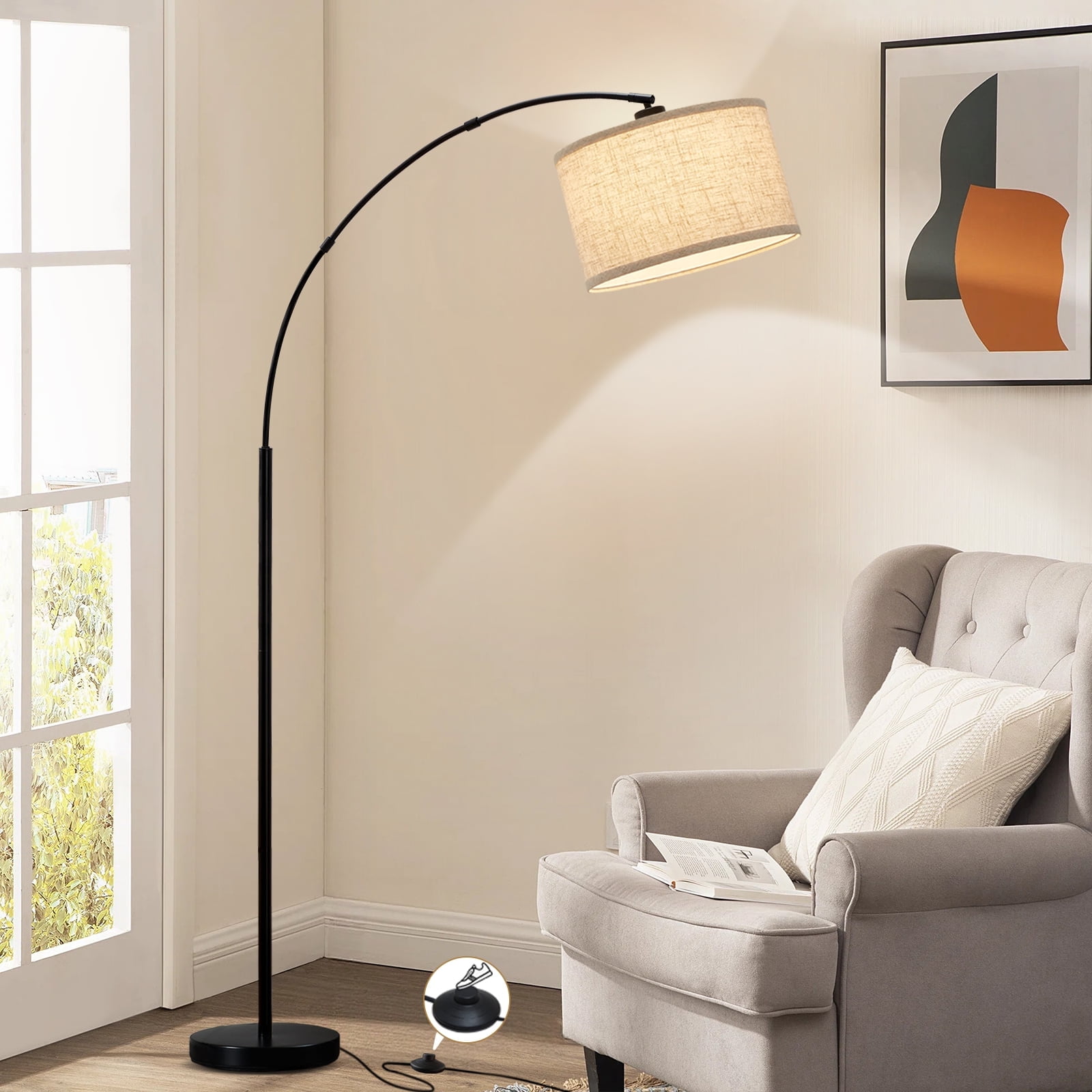 Natyswan Arc Floor Lamps for Living Room Lighting, Modern Arched Lamp with Foot Switch, Adjustable Hanging Shade, Tall Pole Lamp for Bedroom, Office, Bulb Not Included