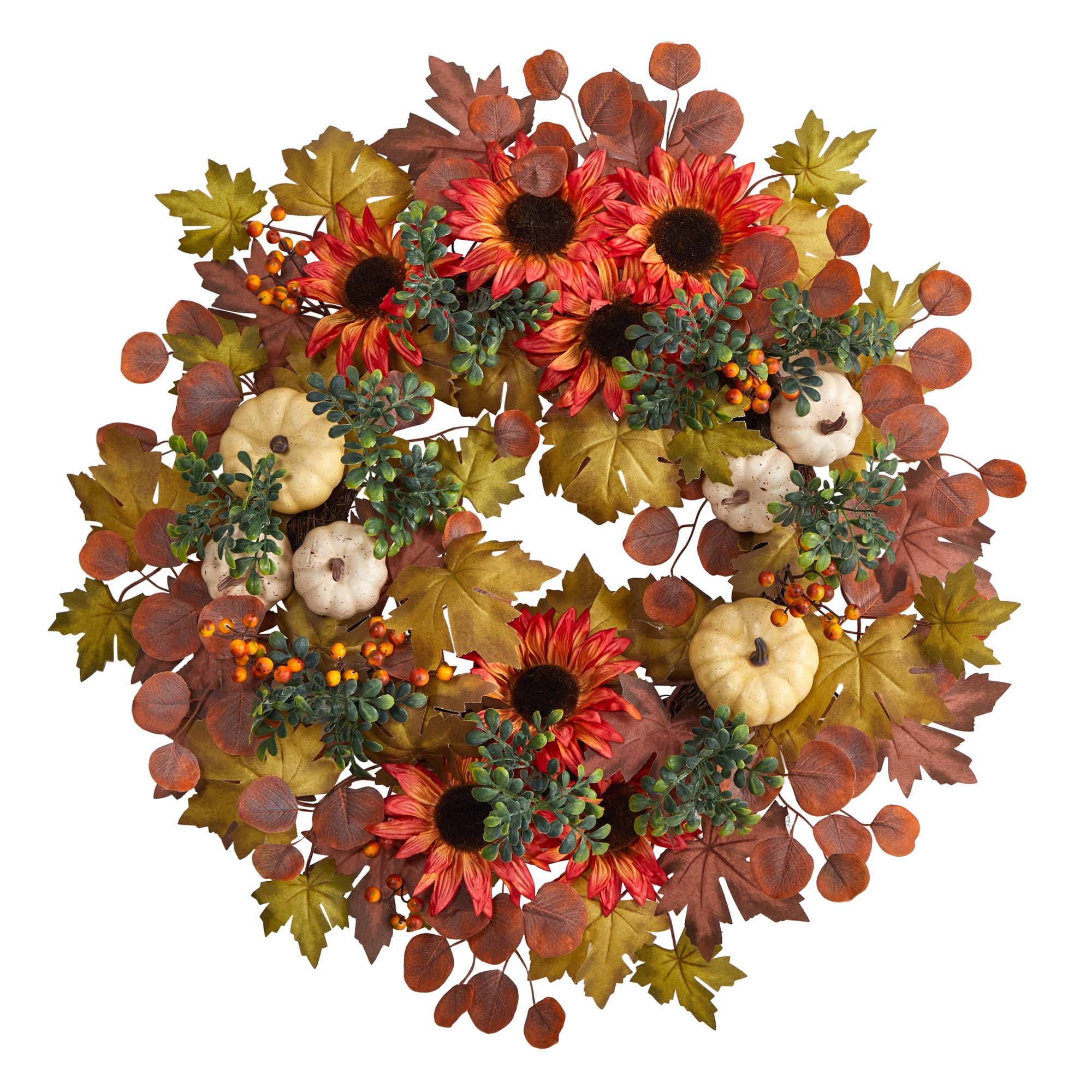 Nearly Natural Acorn Plastic Thanksgiving Autumn Foliage Artificial Wreath, with Sunflower 30" (Multicolor)