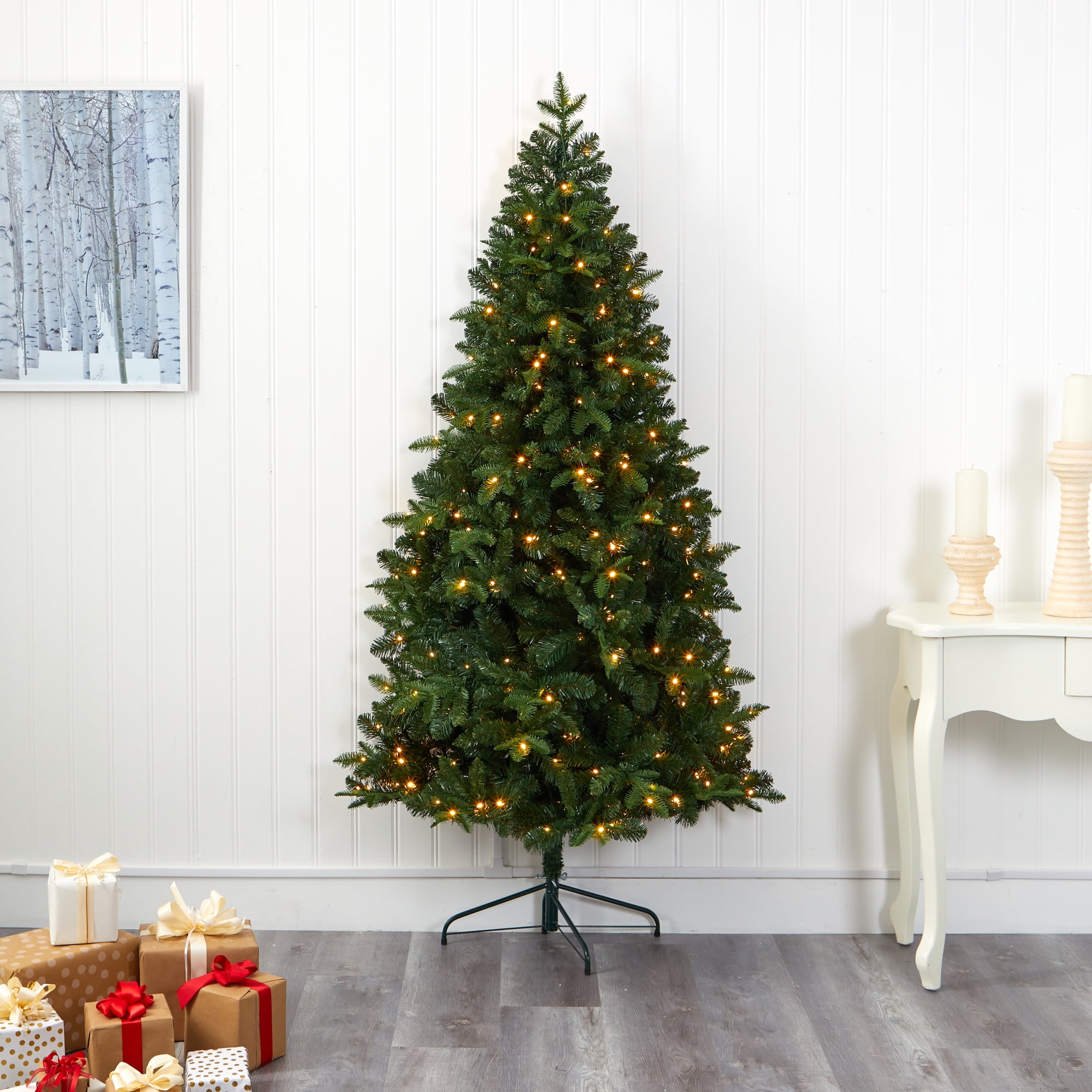 Nearly Natural Clear Prelit LED Green Decorated Spruce Christmas Tree, 7'