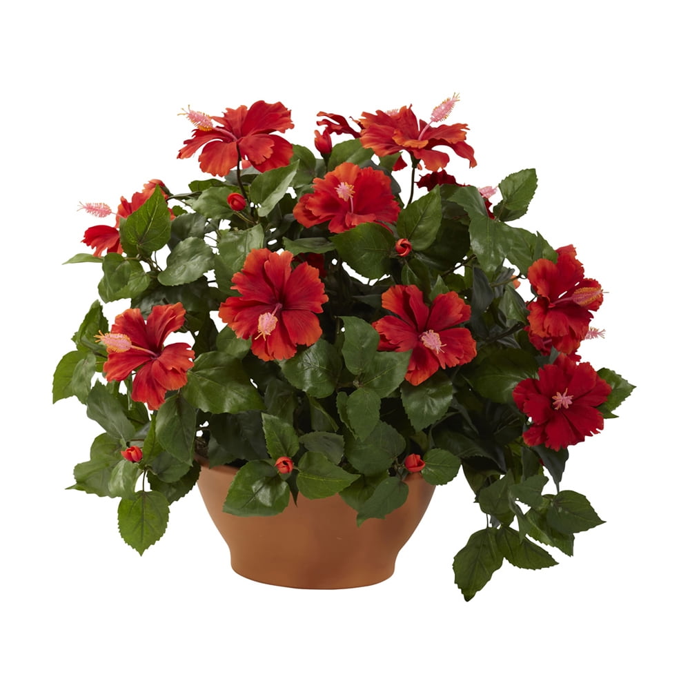 Nearly Natural Hibiscus with Clay Planter