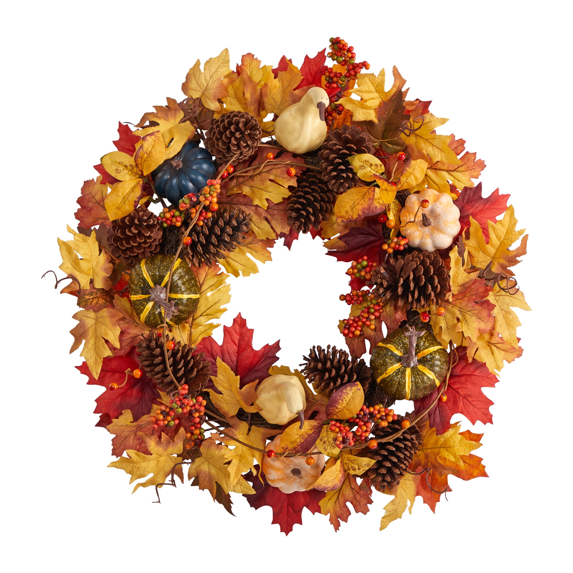Nearly Natural Plastic Maple Leaf Artificial Autumn Wreath, with Pumpkin Gourd, 26" (Orange)
