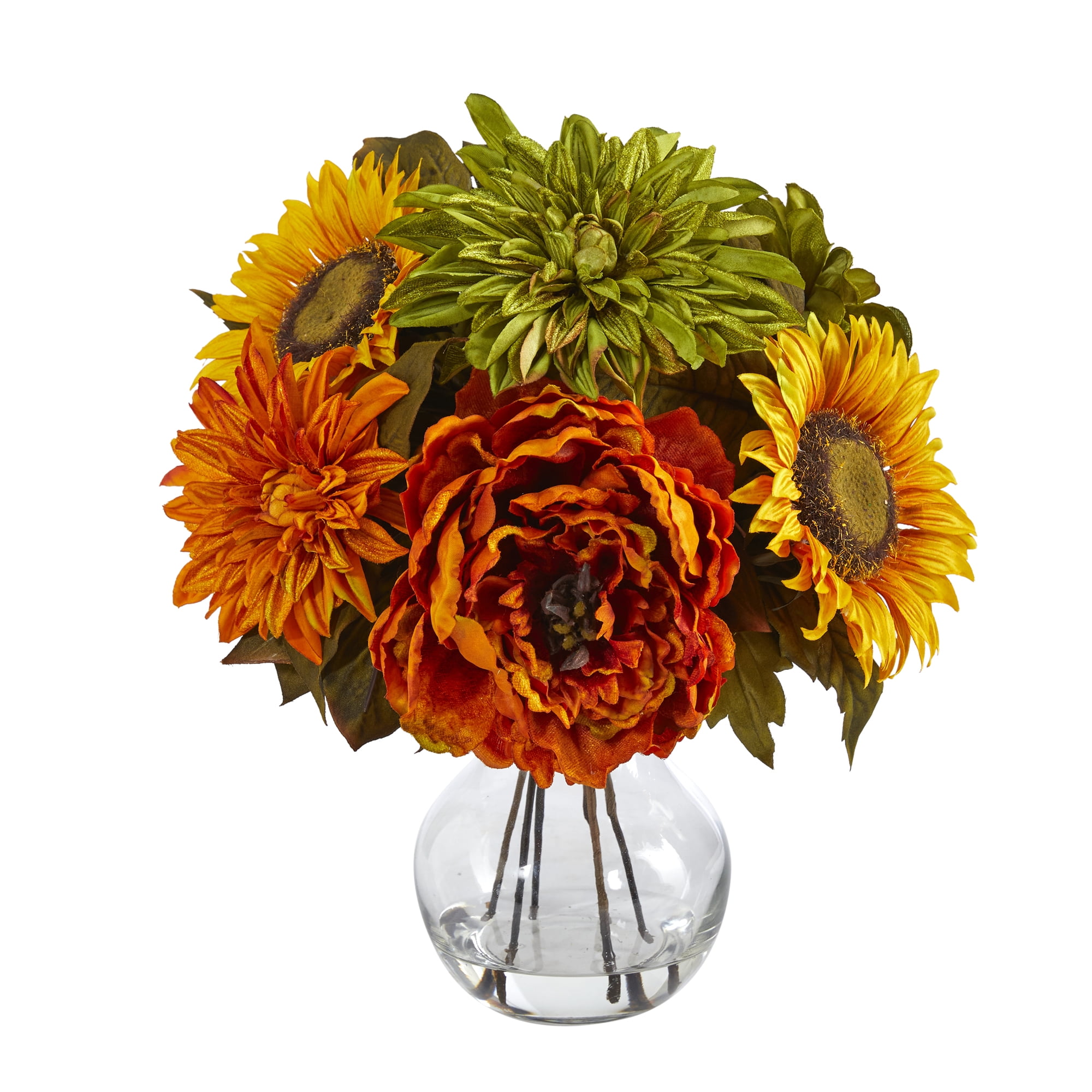 Nearly Natural 12" Peony, Dahlia and Sunflower Artificial Flower Arrangement in Glass Vase, Multicolor