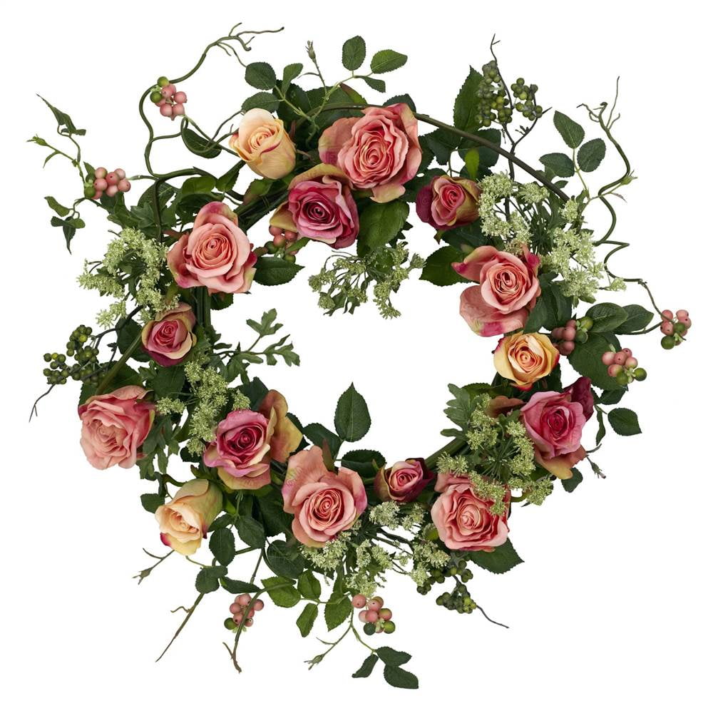 Nearly Natural 20in. Rose Wreath, Peach