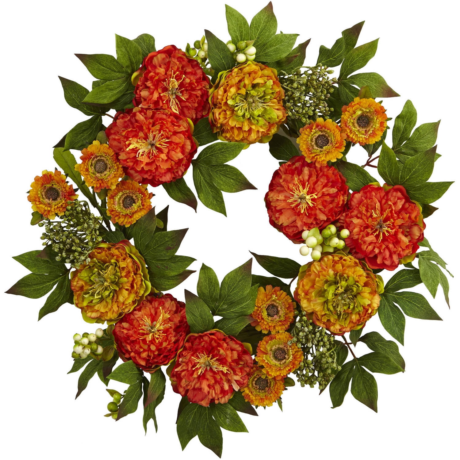 Nearly Natural 24in. Peony and Mum Floral Plastic Artificial Wreath (Assorted Colors)