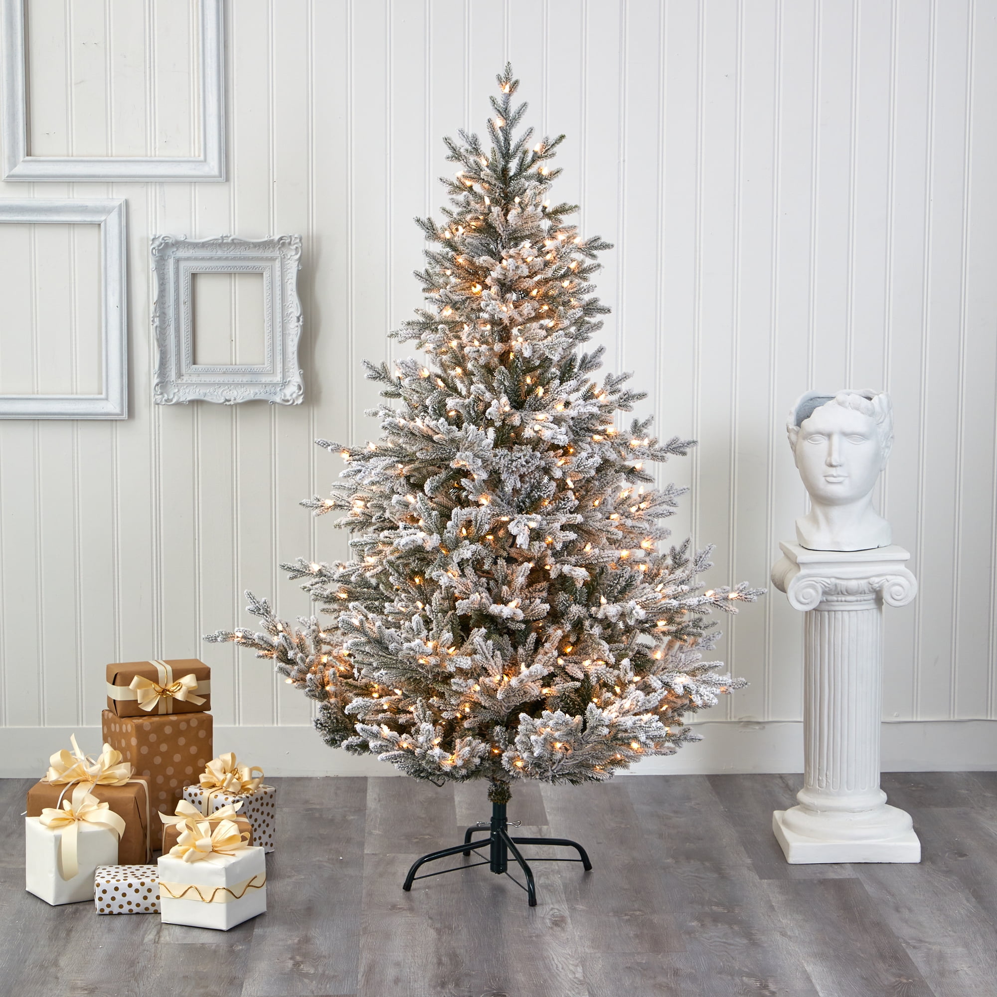 Nearly Natural 6' Green Fraser Fir Flocked Artificial Christmas Tree Prelit 500 Warm White Lights