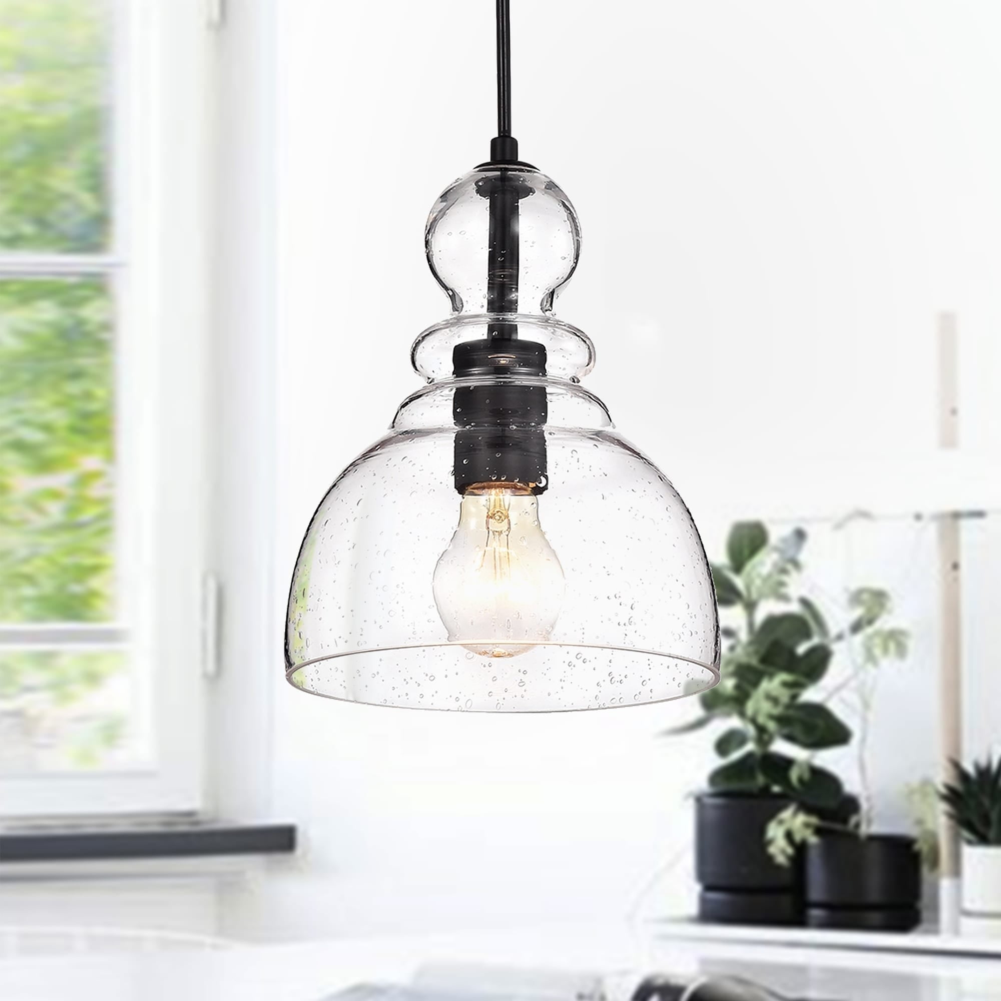 Nefelt Matte Black 1-Light Decanter Seeded Glass Pendant