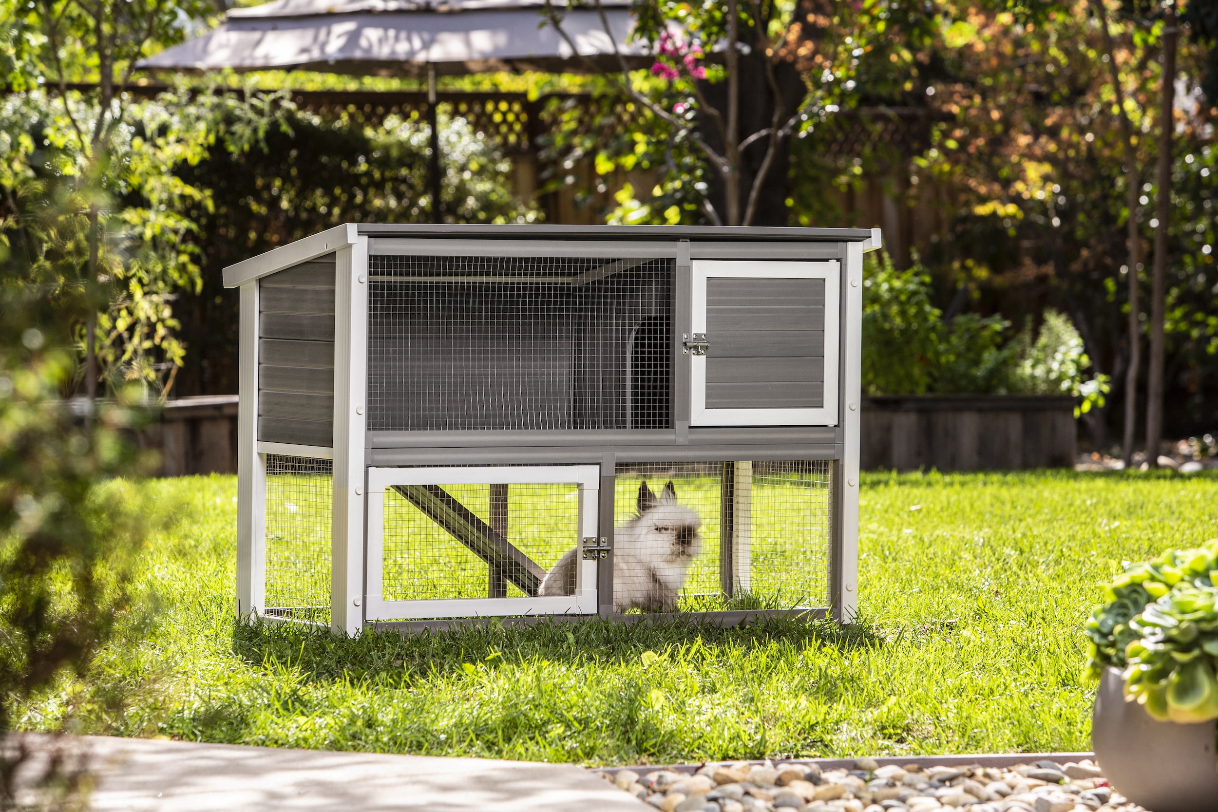 New Age Pet® ECOFLEX® Columbia Rabbit Hutch, Grey, Dual-Level with Denning Space, Easy Assembly, Moisture & Odor Resistant, with NeveRust Stainless Steel Wire - Ideal Indoor/Outdoor Bunny Habitat