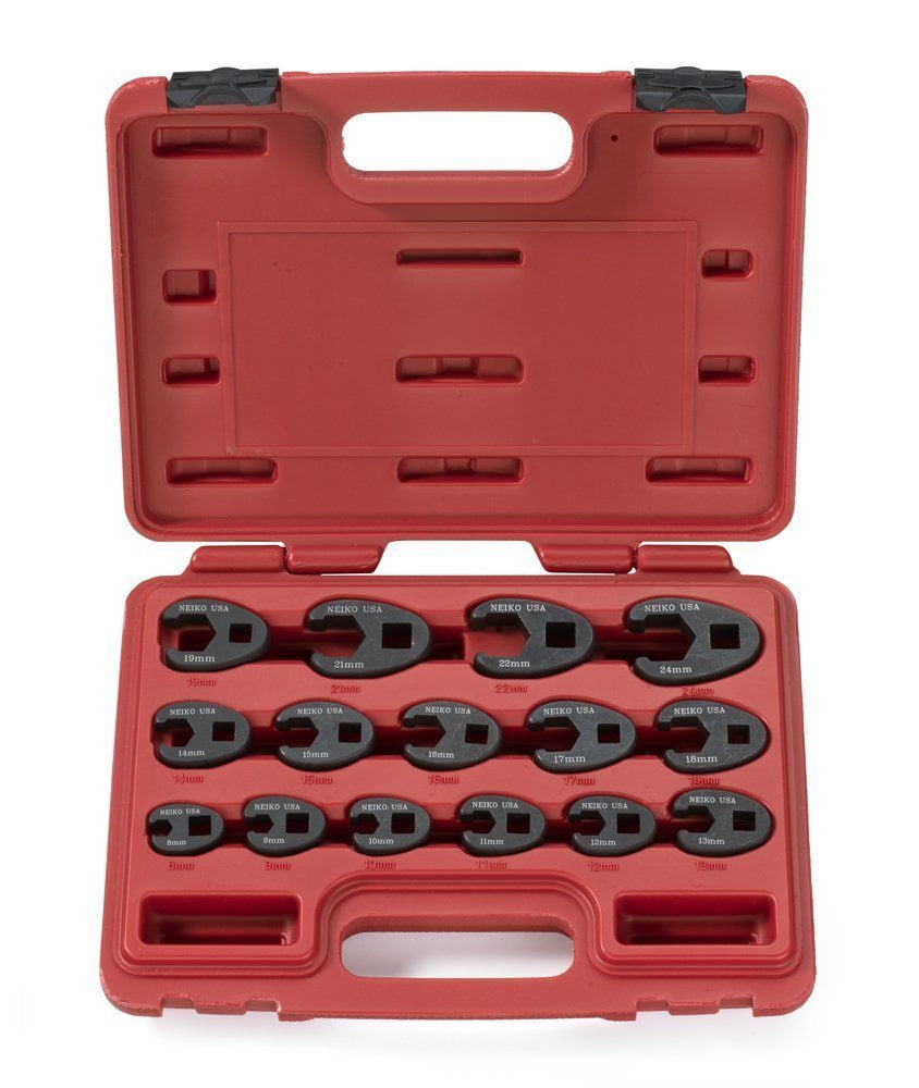 Neiko 03324A Crowfoot Wrench Set 1/2" and 3/8” Drive, 15 Piece, Metric Crows Foot Wrench Sizes 8mm-24mm, Chrome-Moly Flare Nut Wrench Set