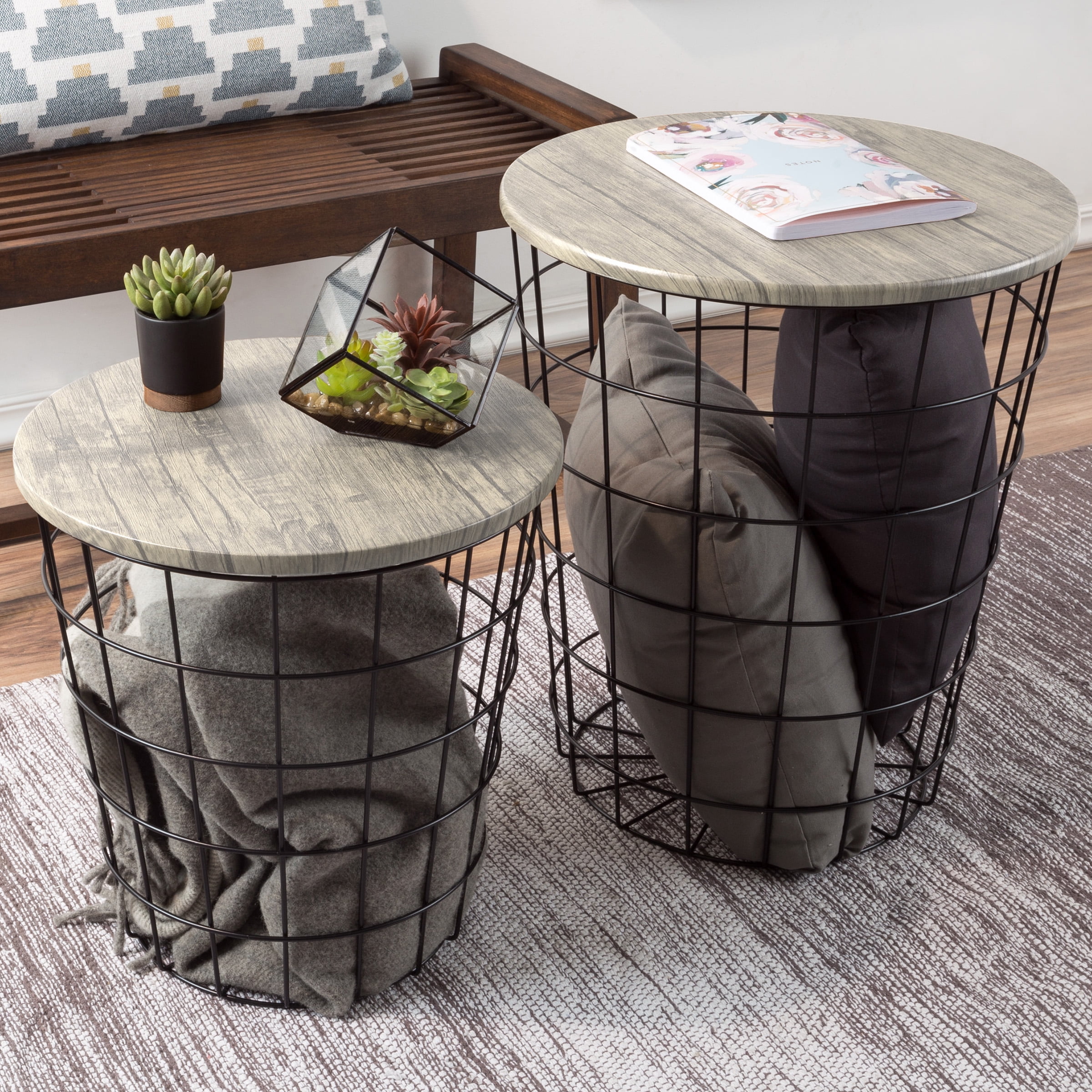 Lavish Home Set of 2 End Tables, Nesting Tables with Removable Wood Tops and Metal Basket Bases for Living Room or Home Office, Gray