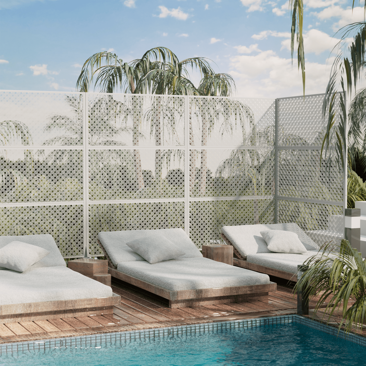 Dovelina 72"x47"x16" Outdoor Privacy Screen with Stand Metal Balcony Decorative Screen,White