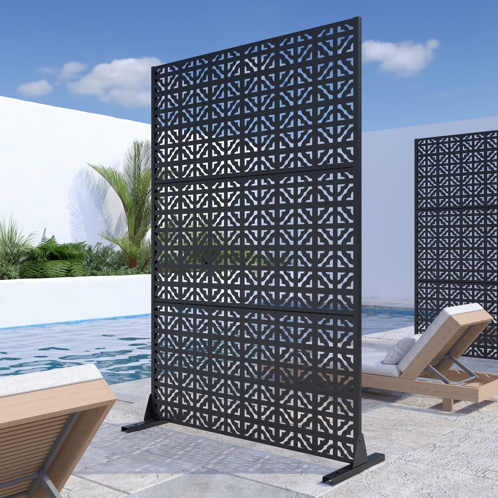 Dovelina 72"x47" Outdoor Privacy Screen with Stand Charles Metal Balcony Decorative Screen,Black