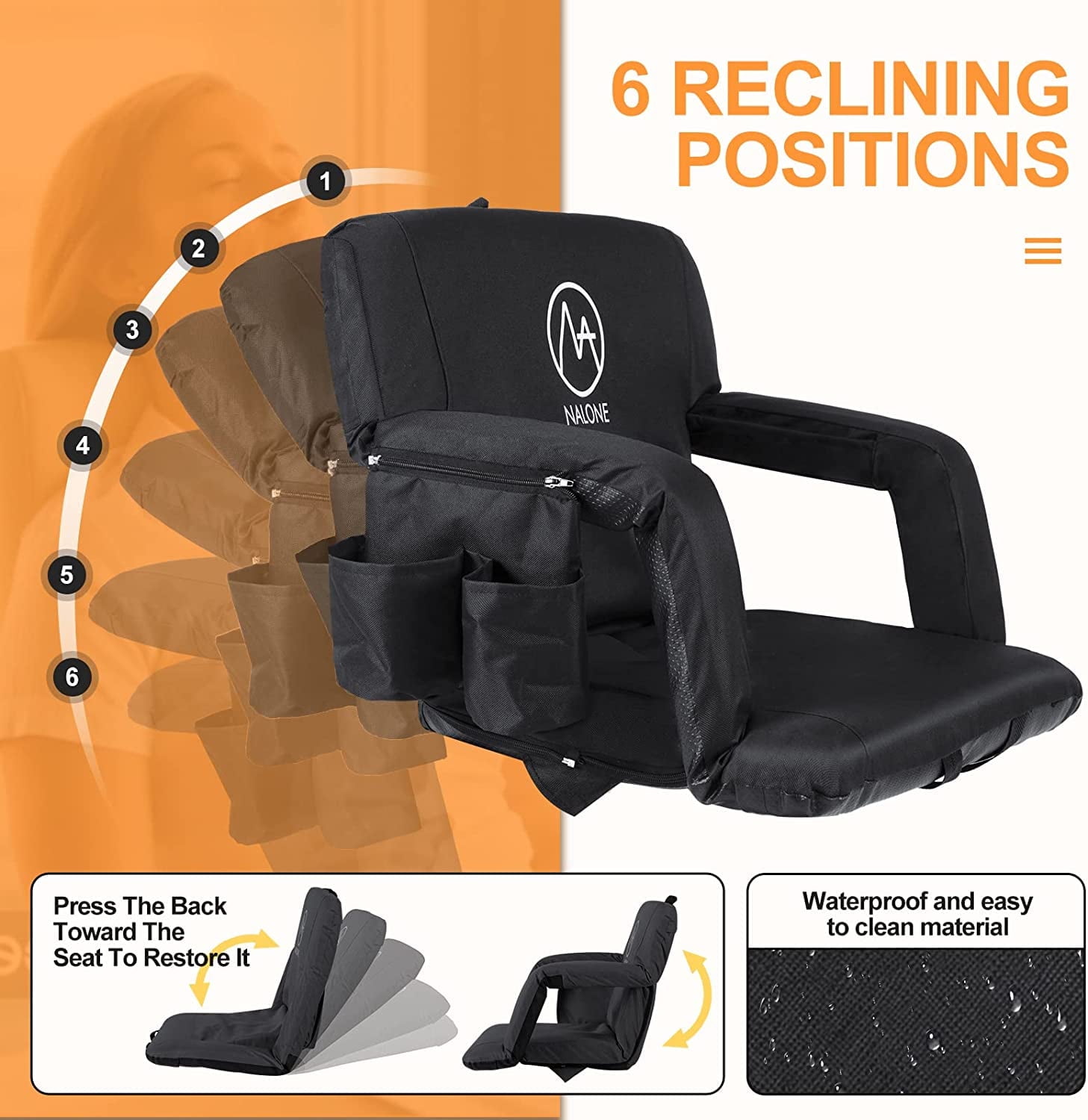 NALONE Folding Stadium Seat 25 inch Wide Stadium Chairs for Bleachers Portable with Back Supports Thick Padded Cushion Armrests Reclining