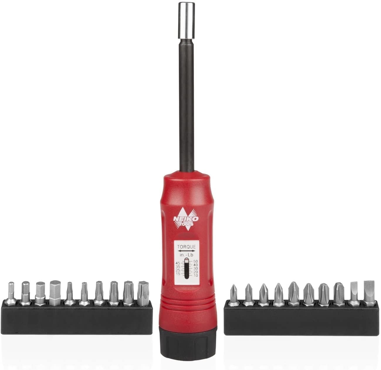 NEIKO 10573B 1/4” Torque Screwdriver Set, 20 Hex Bits, 10 to 50 In-Lbs, Long Shank Screwdriver Torque Wrench, Adjustable Inch-Pound Torque Screwdriver for HVAC and Gunsmiths