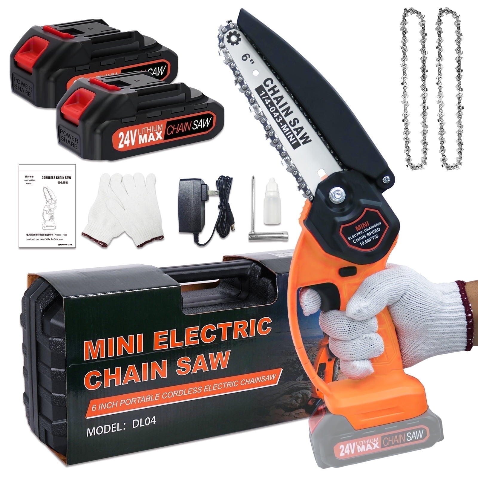 NEXPOW 6 Inch Cordless Mini Chainsaw, 24V Battery Powered Handheld Electric Chainsaw for Tree Trimming, Branch & Wood Cutting, Portable with 2 Batteries & 2 Chains