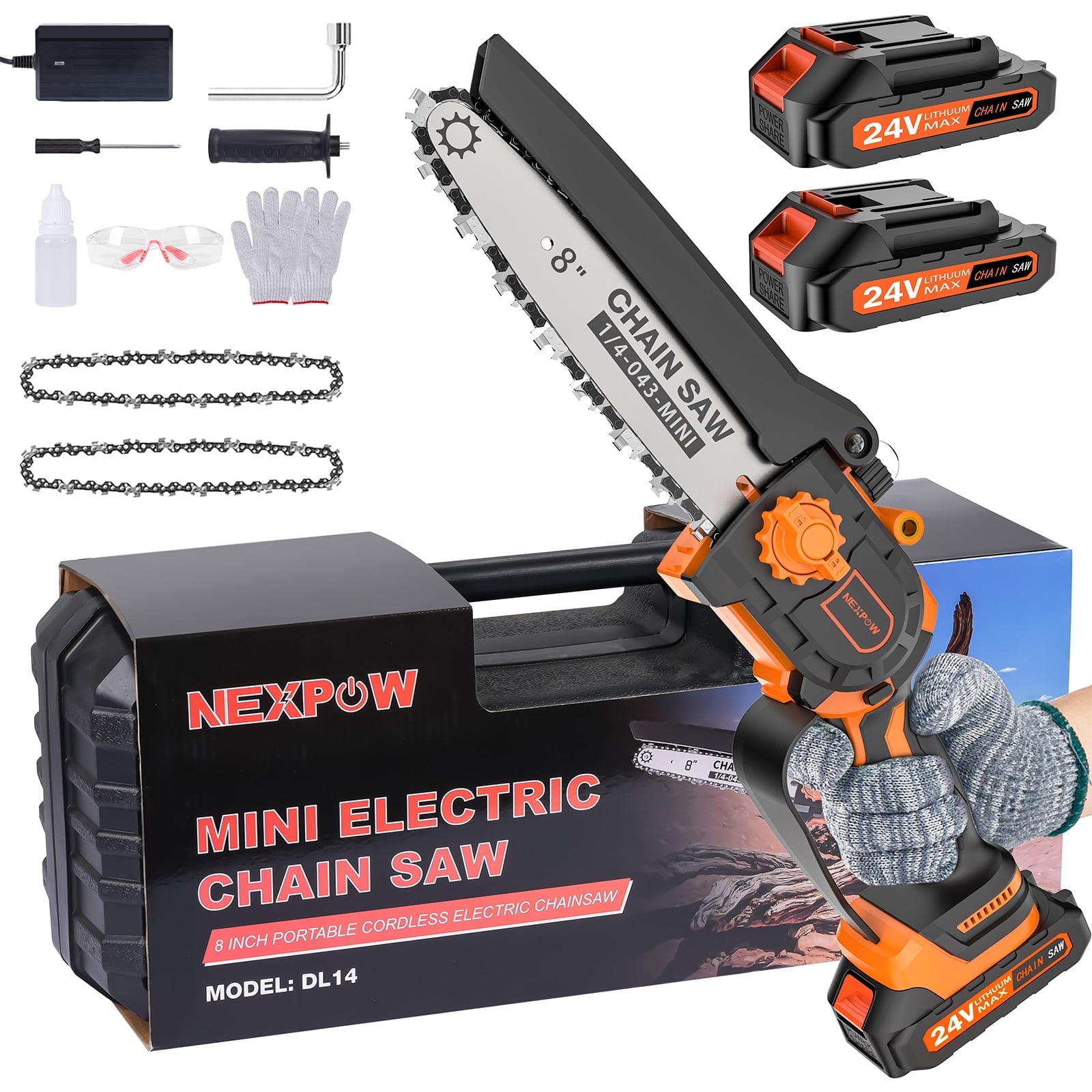 NEXPOW 8" Mini Chainsaw,24V Cordless Handheld Electric Power Chain saw with 2 Batteries & Chains for Wood Cutting & Tree Trimming (Orange)