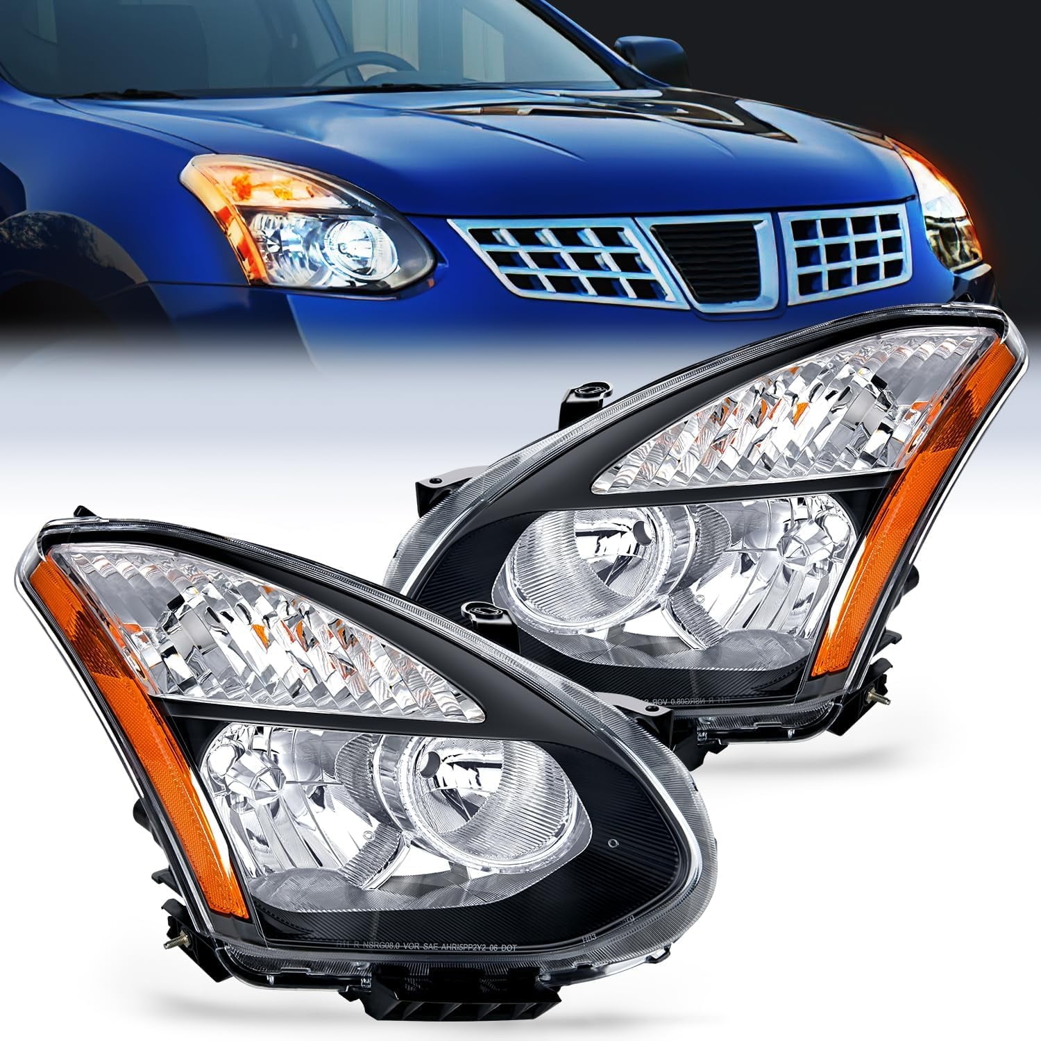 Nilight Headlight Assembly Compatible with 2008 2009 2010 2011 2012 2013 Nissan Rogue 2014 2015 Select Headlamps Replacement Black Housing Amber Reflector Driver and Passenger Side, 2 Years Warranty