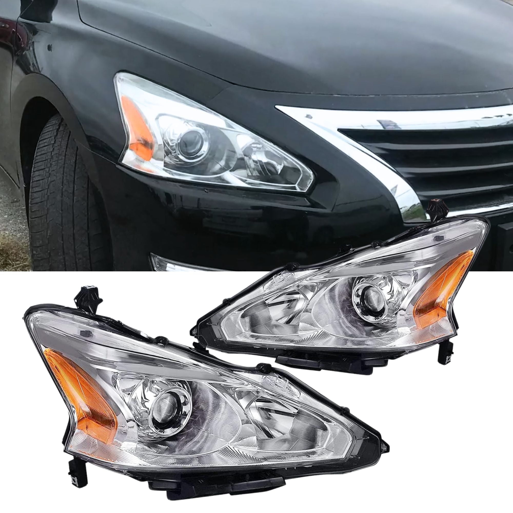Headlight Assembly for 2013-2015 Altima 4 Door Sedan Projector Chrome Housing Halogen Replacement Headlights Assembly Pair Amber Reflector Driver and Passenger Side