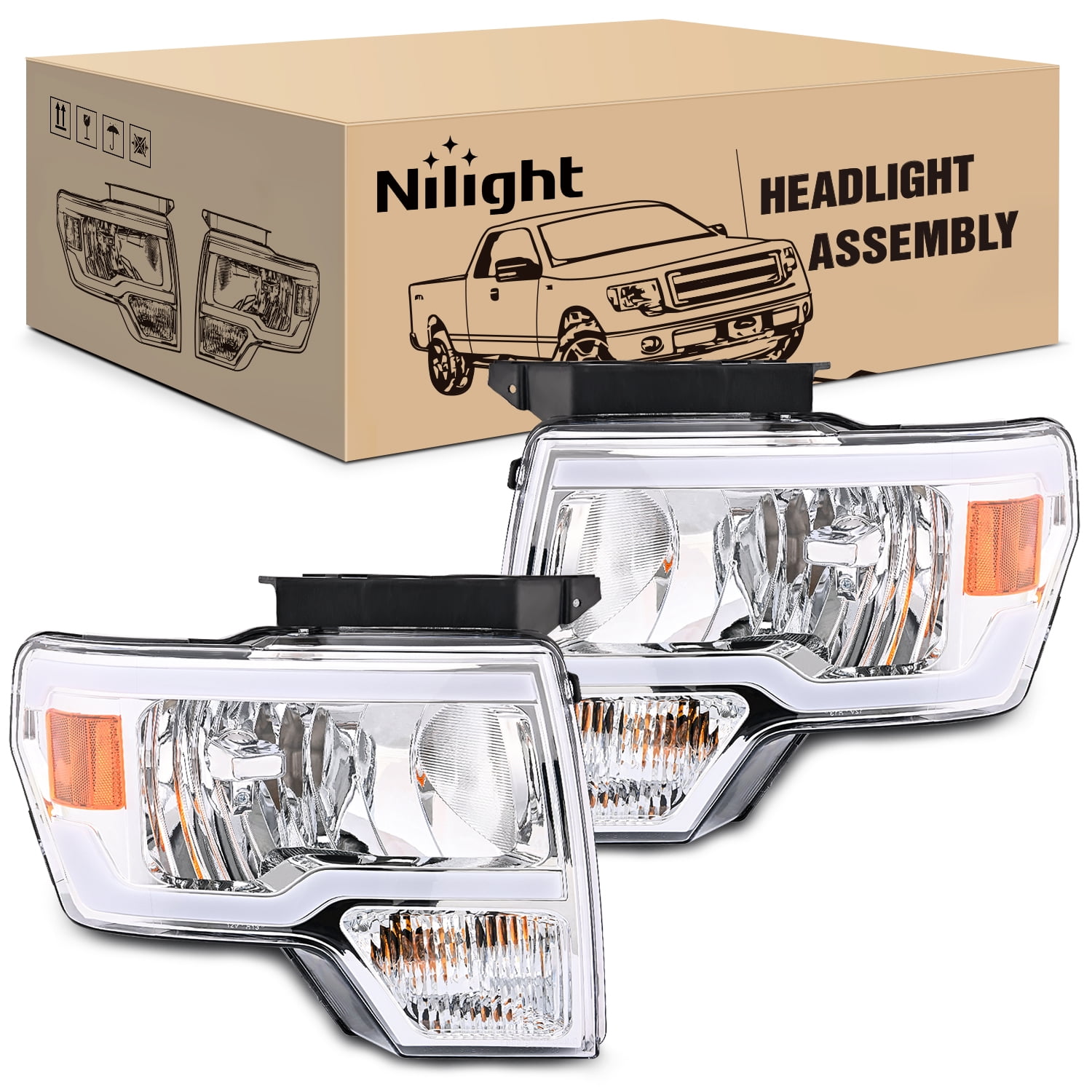 Nilight Headlights Assembly for Ford F150 F-150 2009 2010 2011 2012 2013 2014,Led DRL Headlamp,Chrome Housing