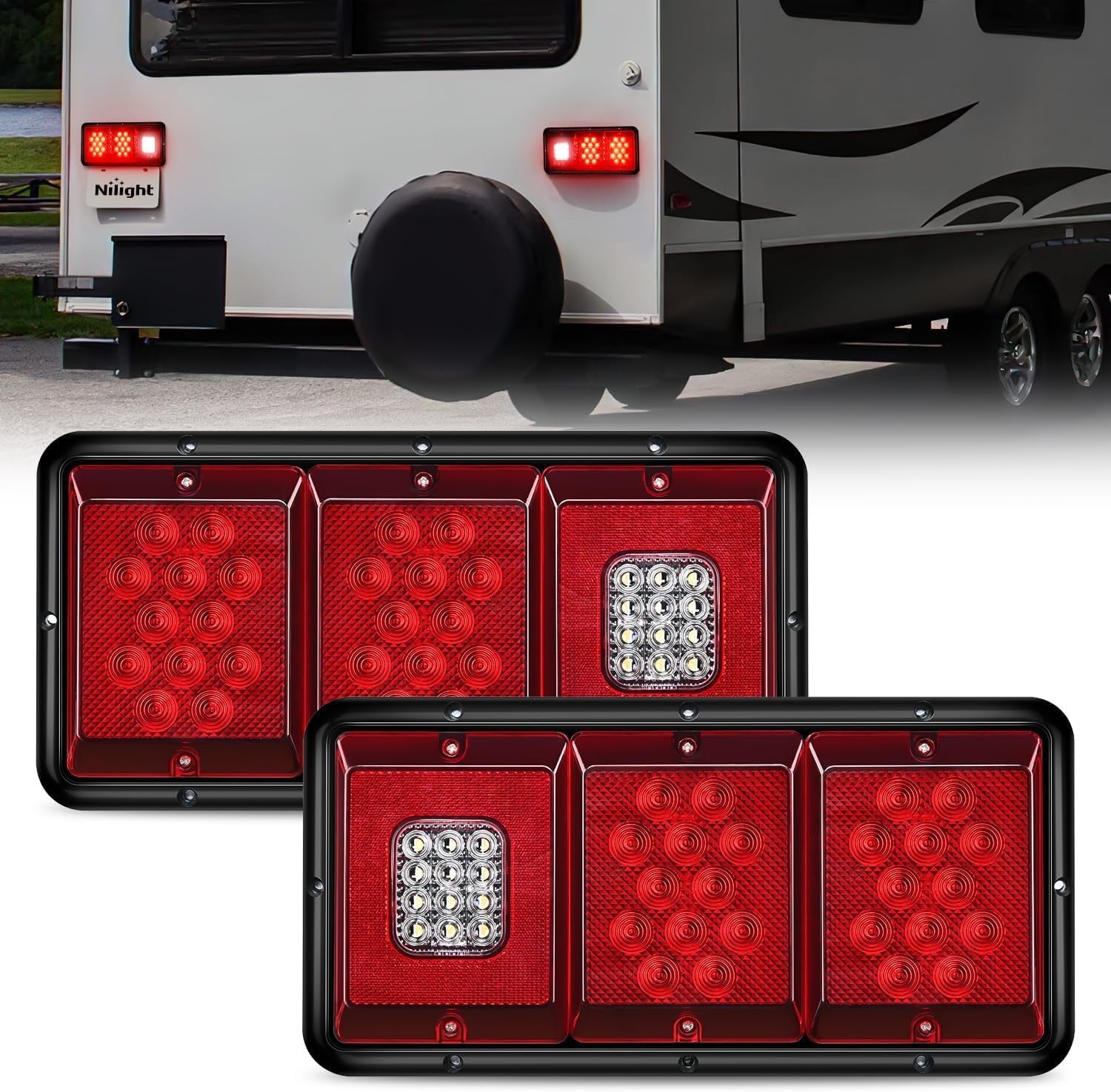 Nilight LED Triple Tail Light 2PCS Rectangle Red Stop Brake Turn Signals Light White Reverse Back Up Light Surface Mount Waterproof Trailer Camper Van RV Caravan Taillights
