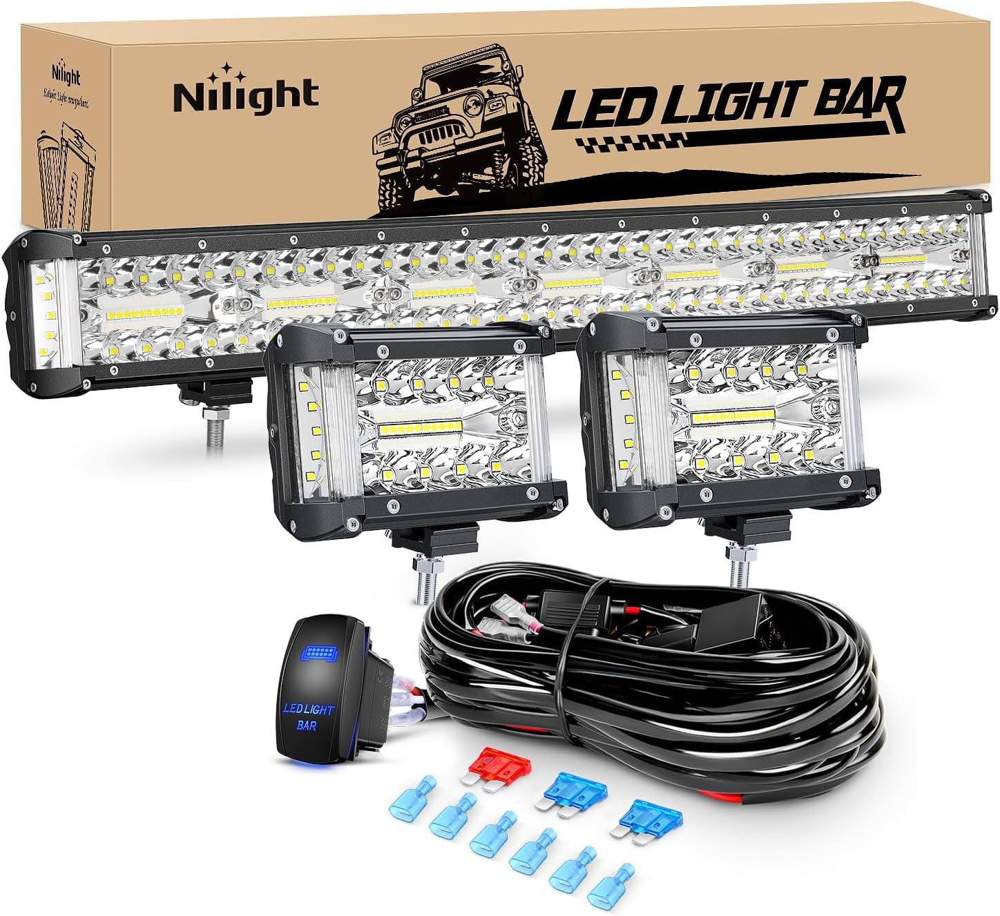 Nilight Side Shooter LED Light Bar Set 20Inch Triple Row Spot Flood Combo Lights, 2PCS 4.3Inch LED Pod Lights with 5Pin Rocker Switch Wiring Harness Kit for Off-Road Fog Light