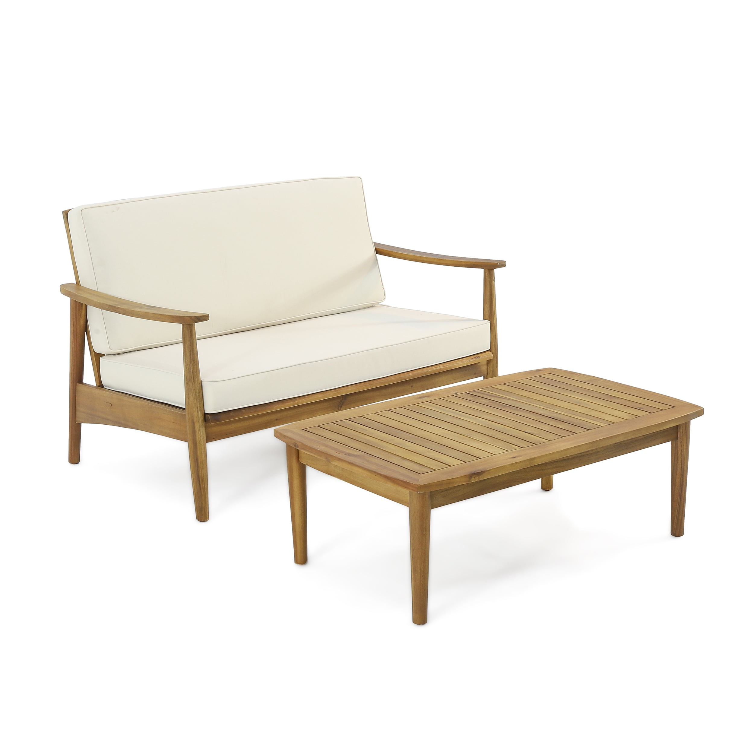 Noble House Willowbrook Outdoor Wood Loveseat Set with Coffee Table - Teak/Beige
