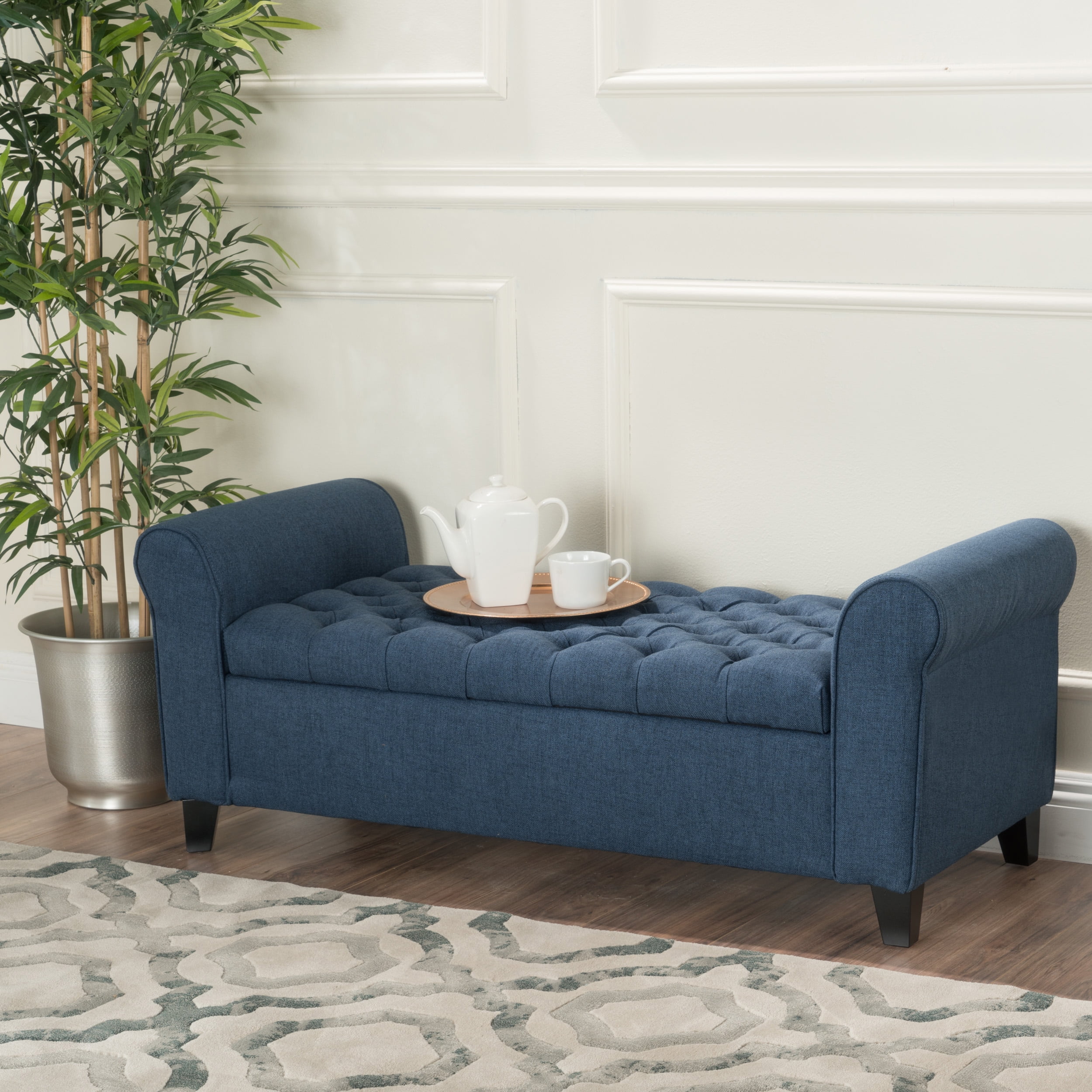Noble House Amanda Dark Blue Fabric Armed Storage Bench