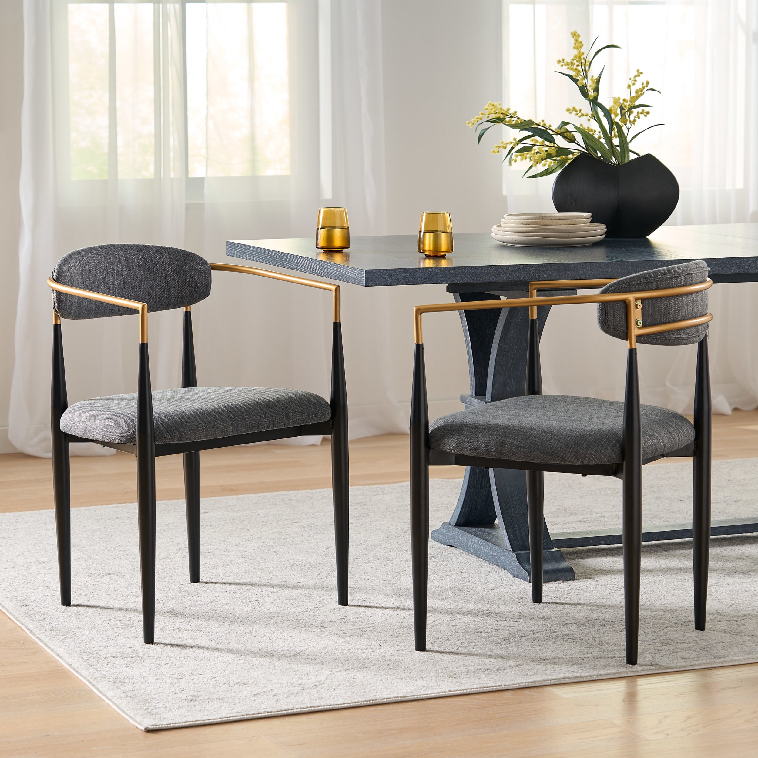 Noble House Boise Fabric Upholstered Metal Dining Chairs, Set of 2, Charcoal, Black, and Gold