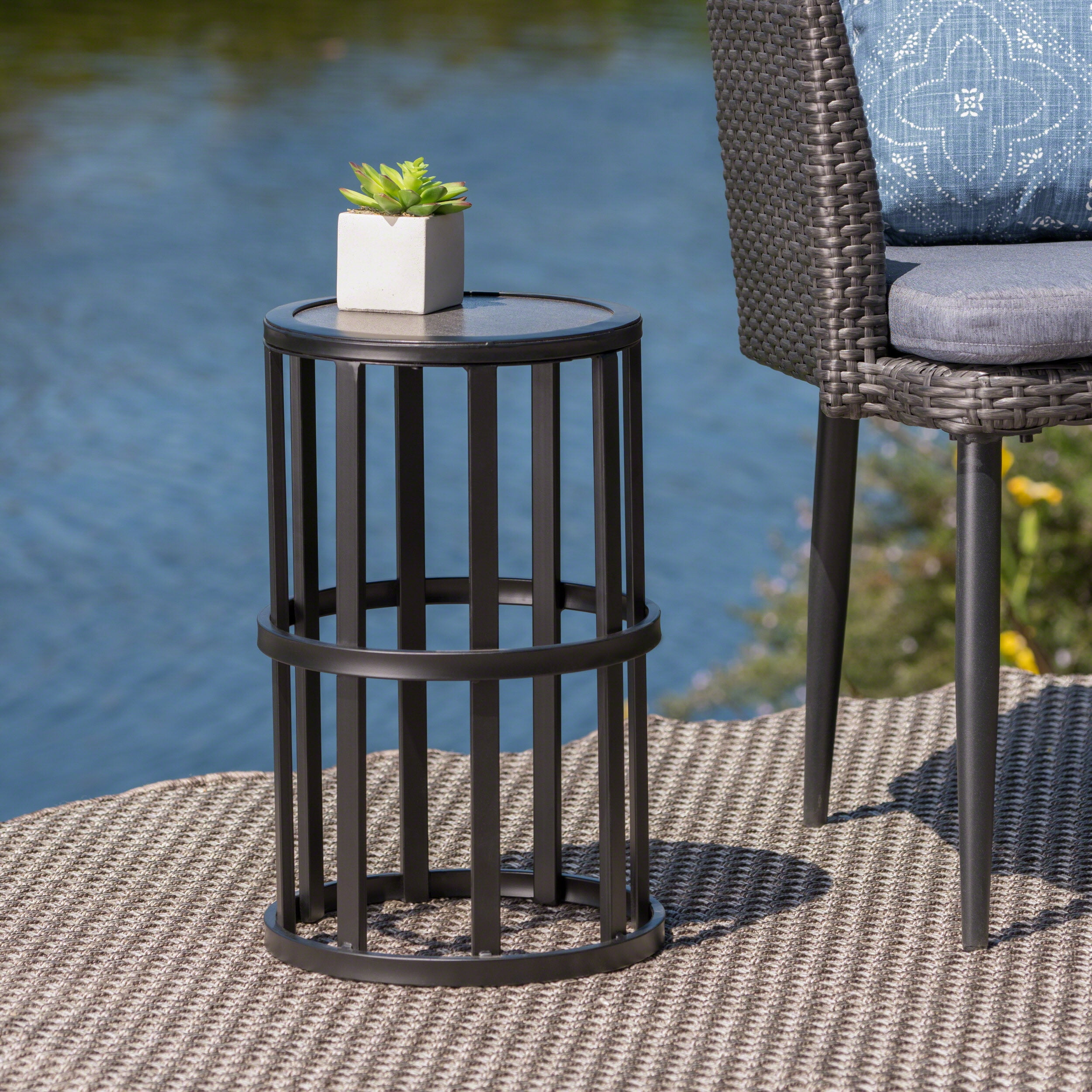 Noble House Carlo 11" Modern Outdoor Iron and Ceramic Tile Side Table in Black