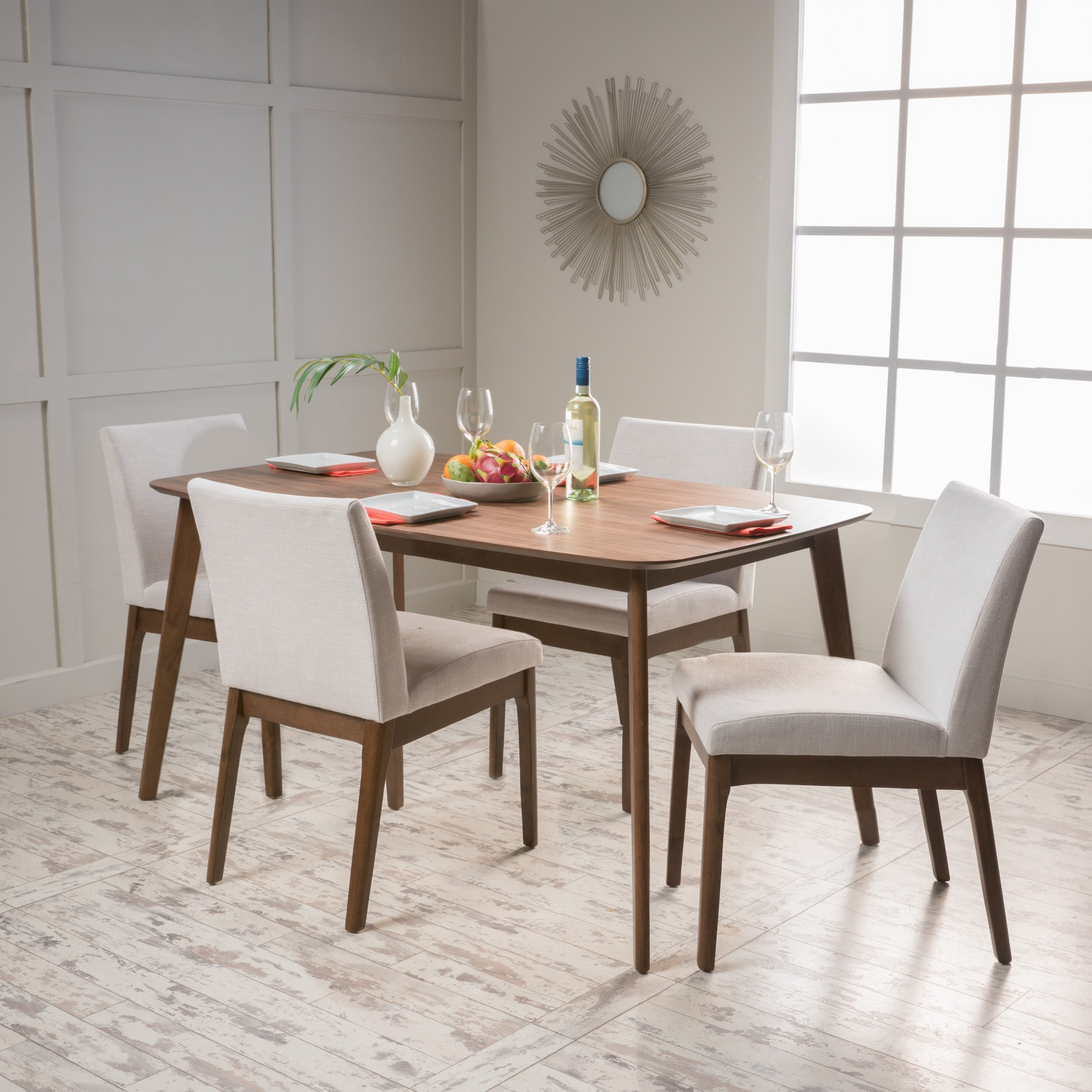 Noble House Caruso Mid-Century Modern 5 Piece Dining Set, Light Beige and Walnut