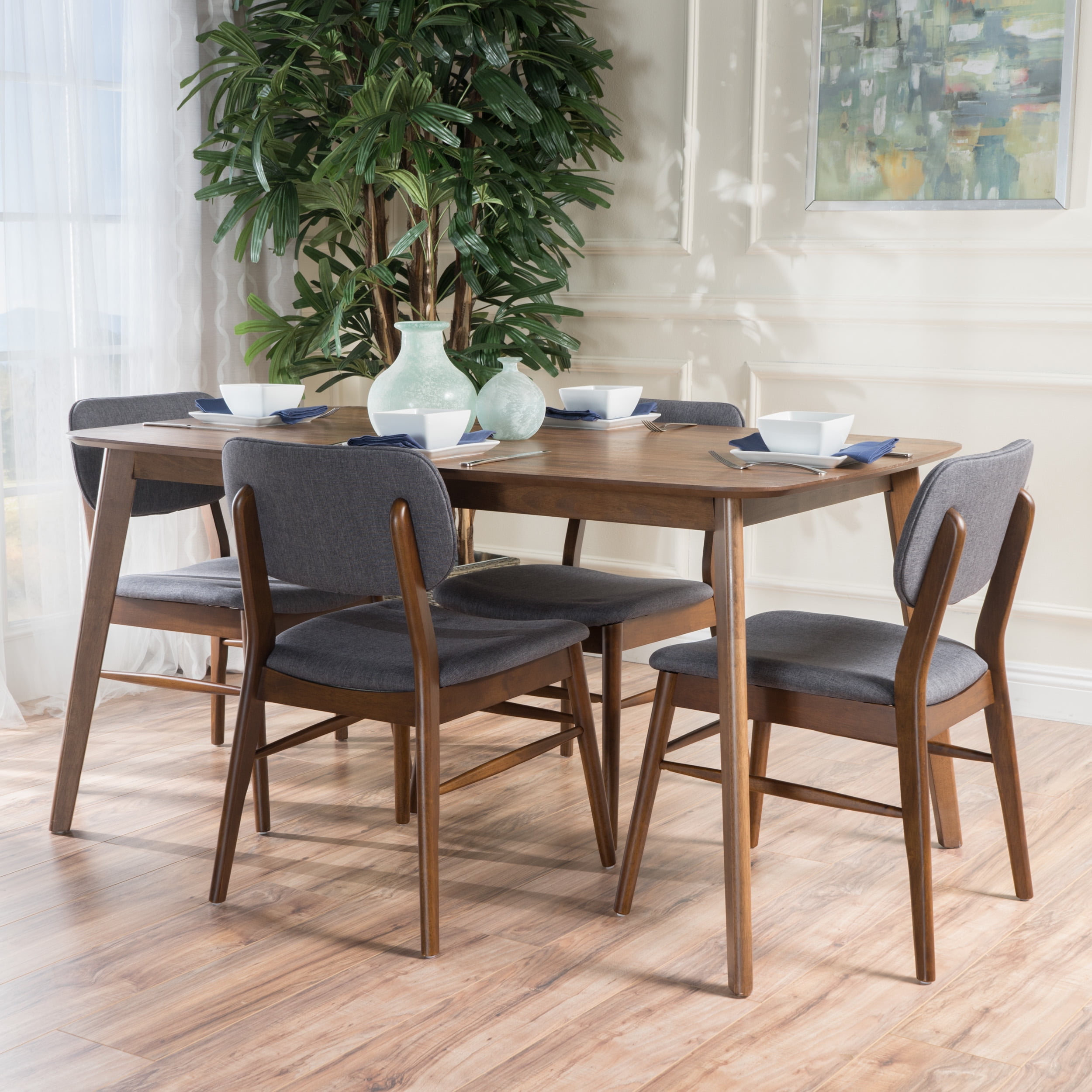 Noble House Colleen Charcoal Fabric and Oak Walnut Dining Set