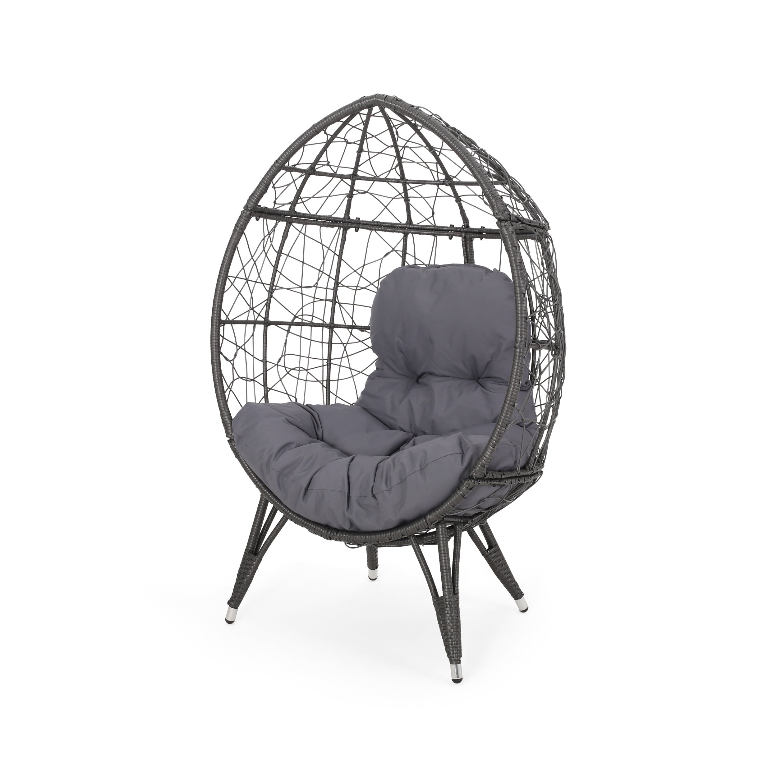 Noble House Daziyah Faux Rattan Teardrop Chair with Cushion, Gray and Dark Gray