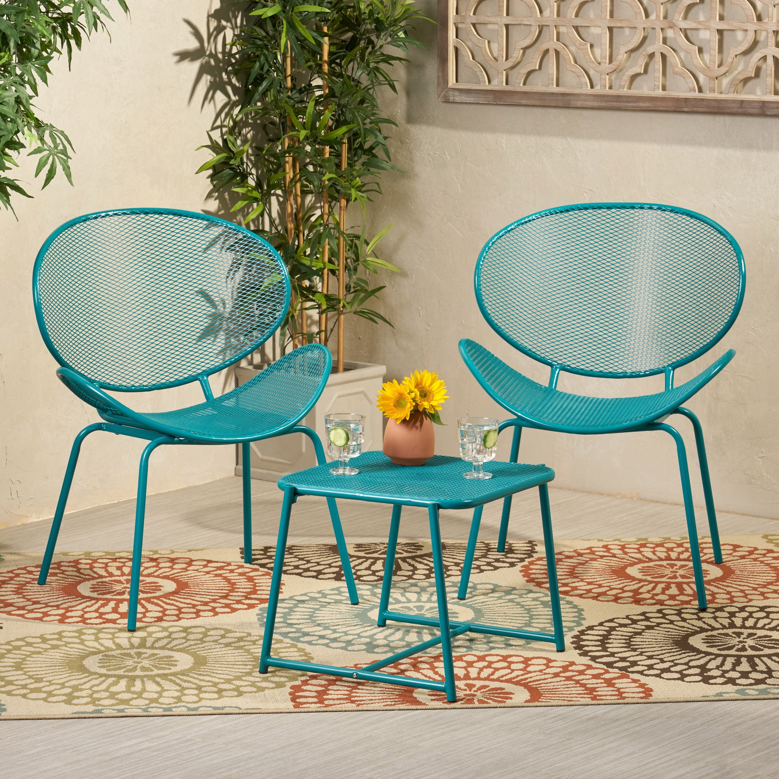 Noble House Elloree 3 Piece Outdoor Conversation Set in Matte Teal