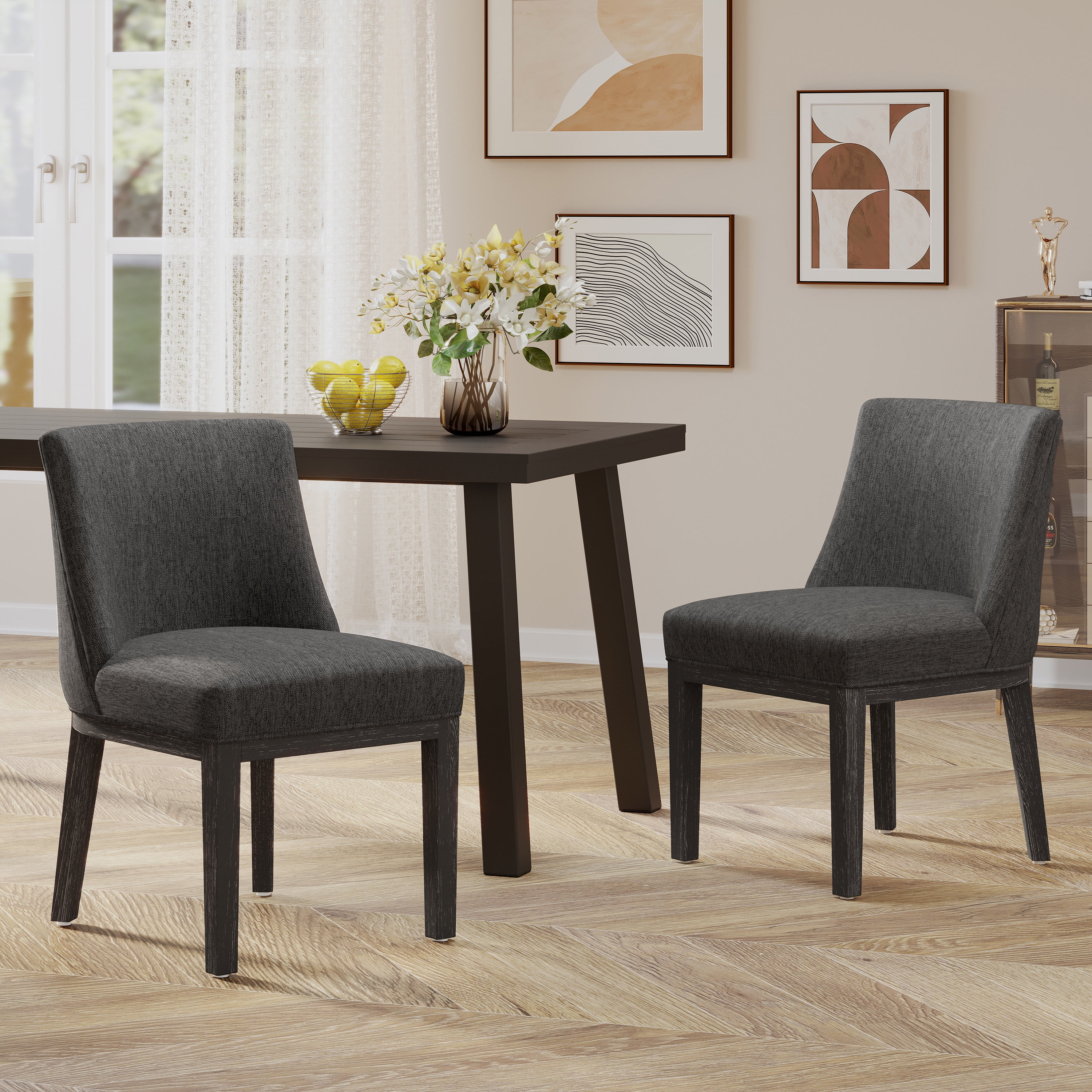 Noble House Elmore Fabric Upholstered Wood Dining Chairs, Set of 2, Charcoal and Weathered Gray