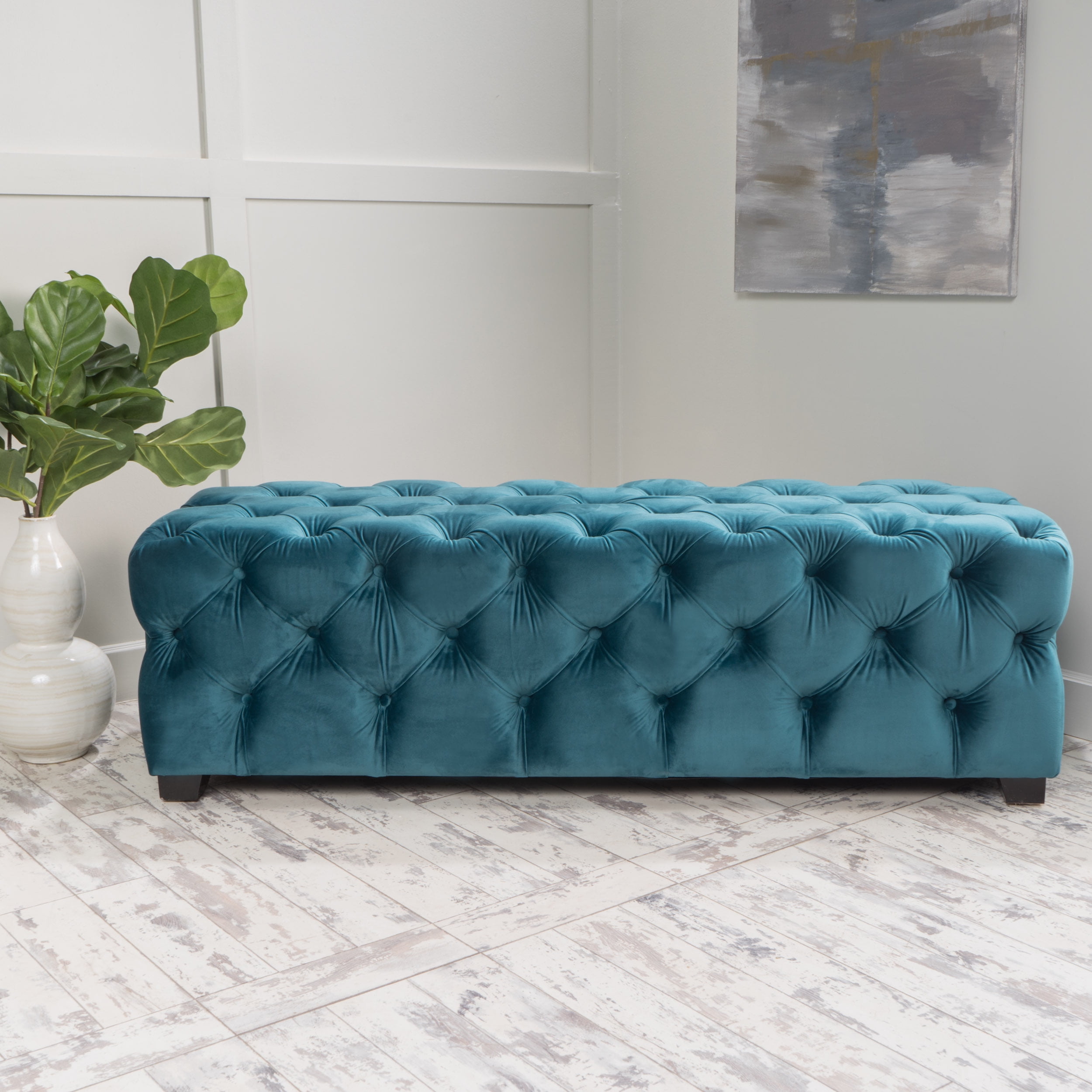 Noble House Gabi Velvet Ottoman, Dark Teal