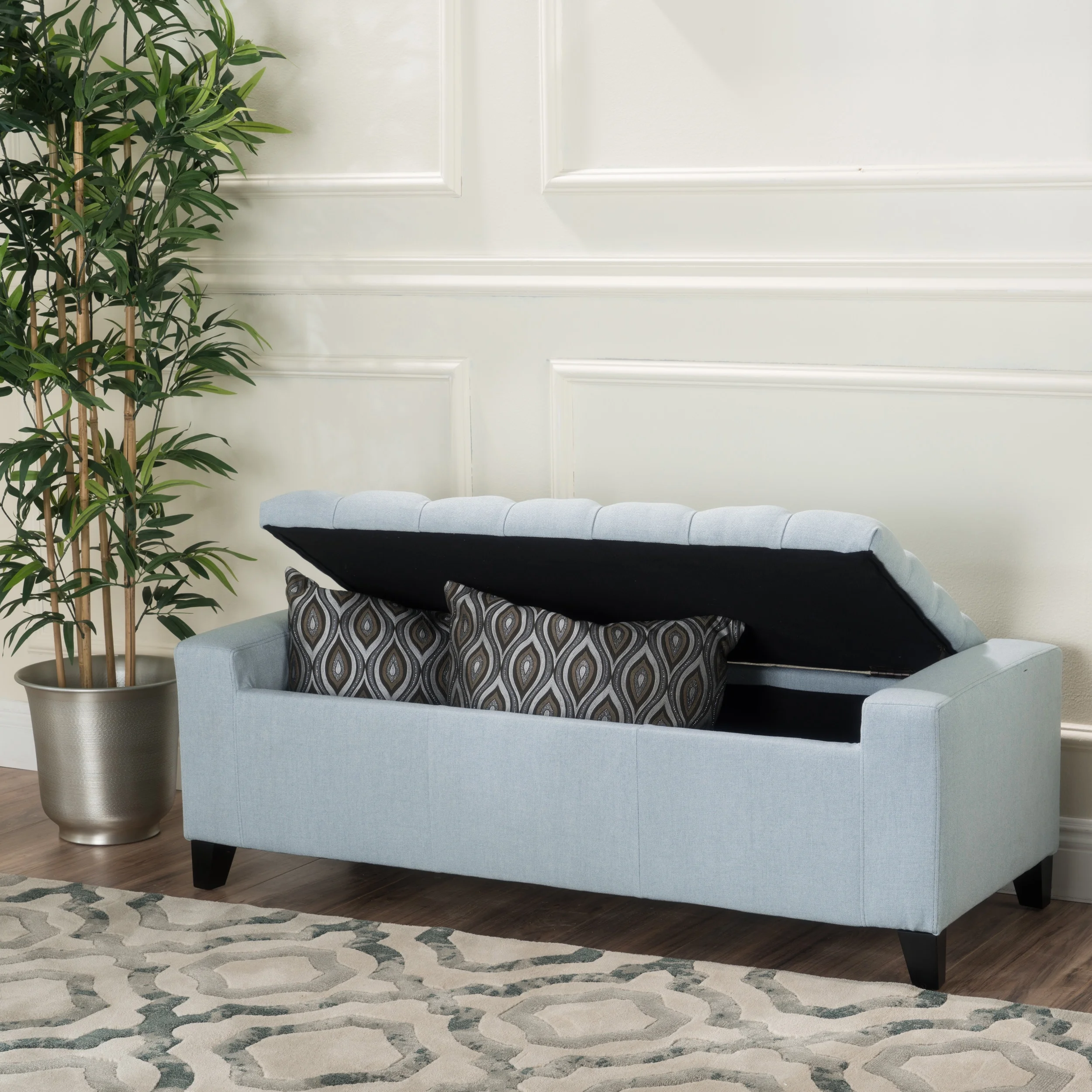 Noble House Hawkson Light Sky Fabric Storage Ottoman