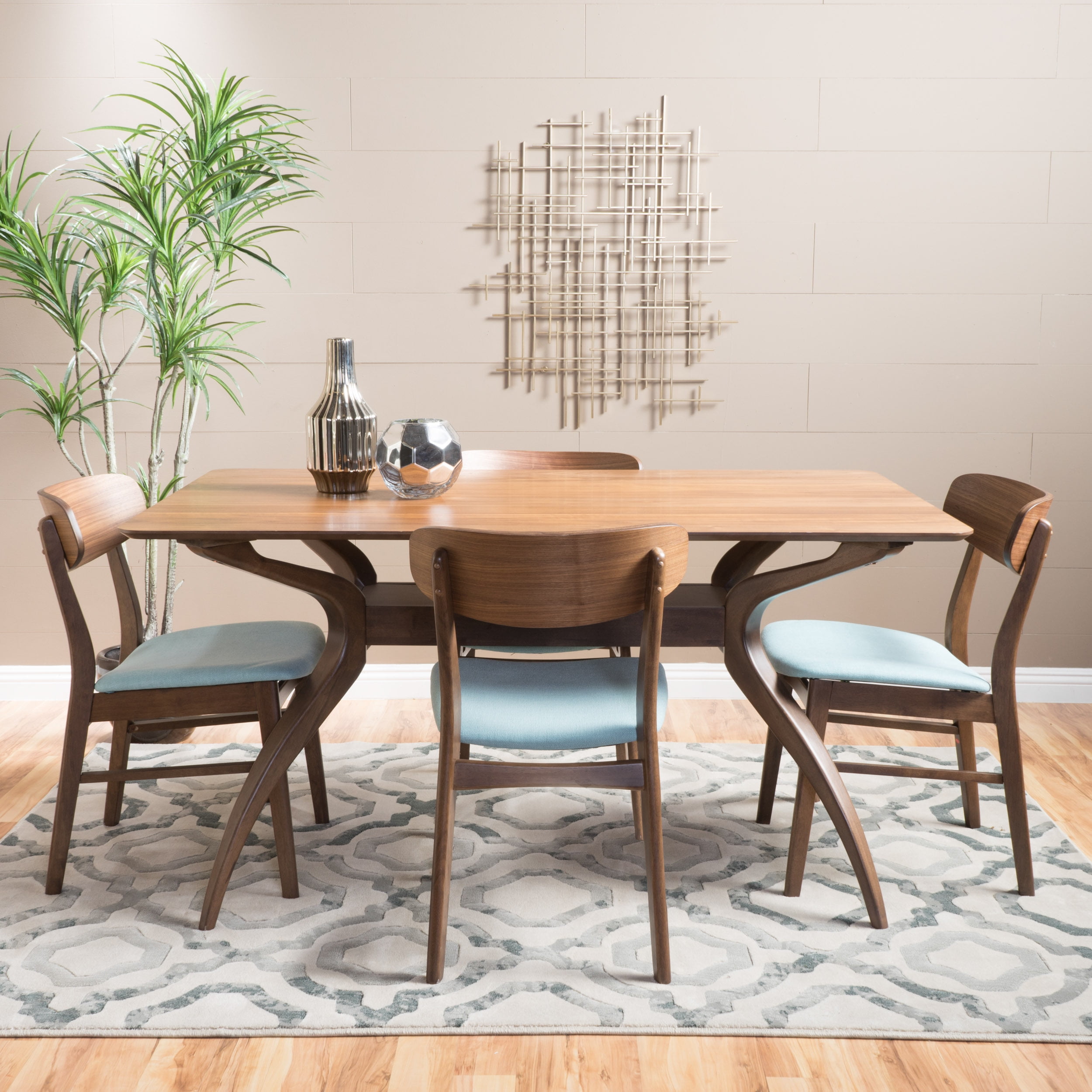 Noble House Harper Mid-Century Modern 5 Piece Dining Set, Mint and Walnut