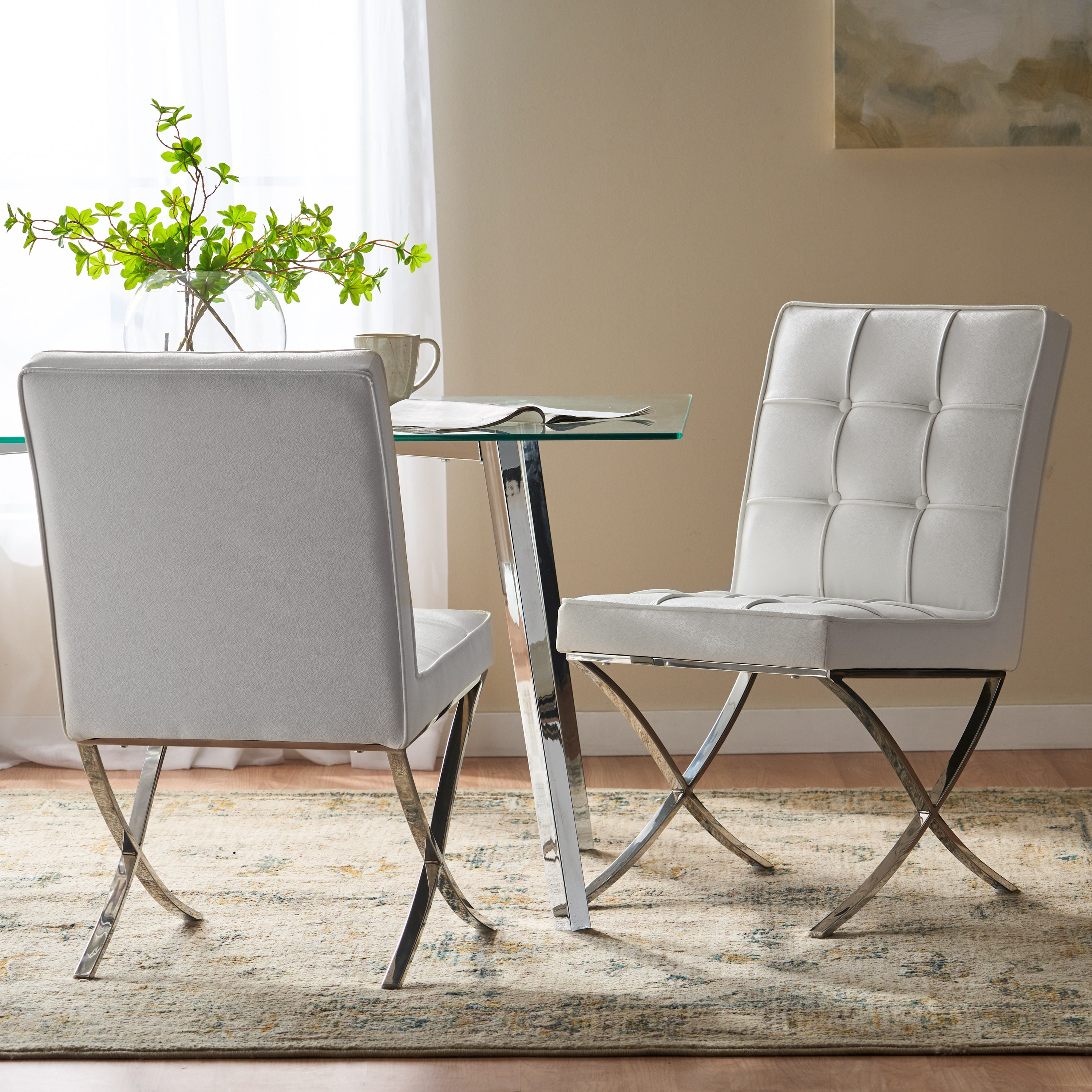 Noble House Harper Modern Bonded Leather Dining Chairs, Set of 2,Silver,White