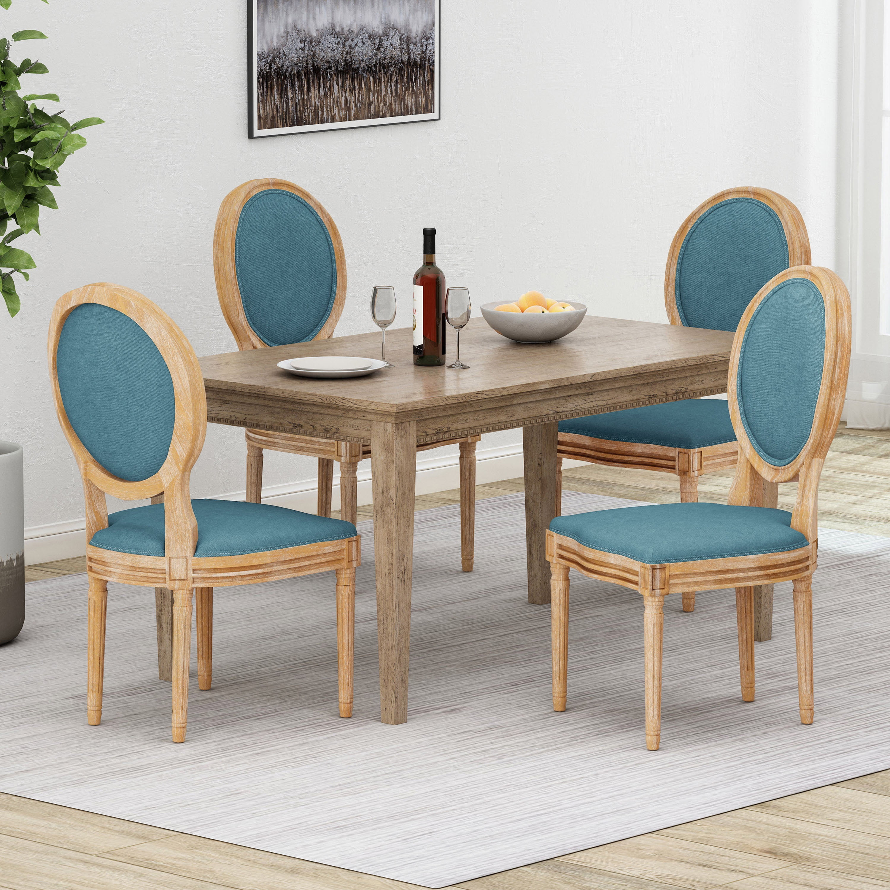 Noble House Karter Indoor French Fabric Dining Chairs, Set of 4, Dark Teal