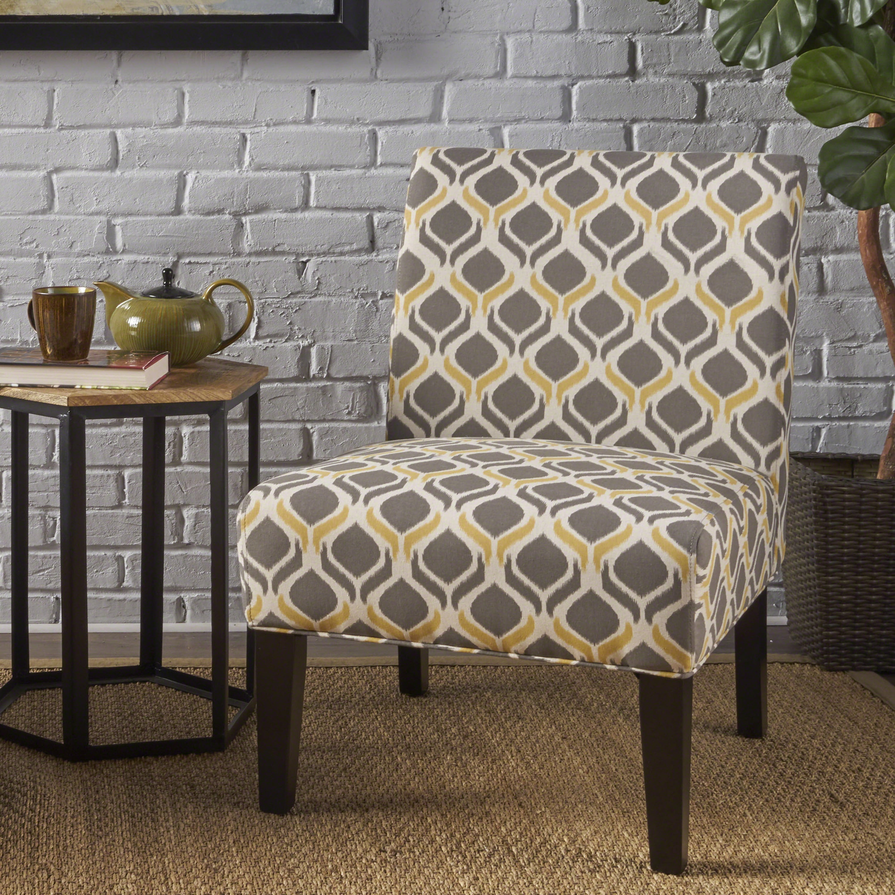 Noble House Kerri Contemporary Fabric Accent Chair, Yellow Gray, Matte Black
