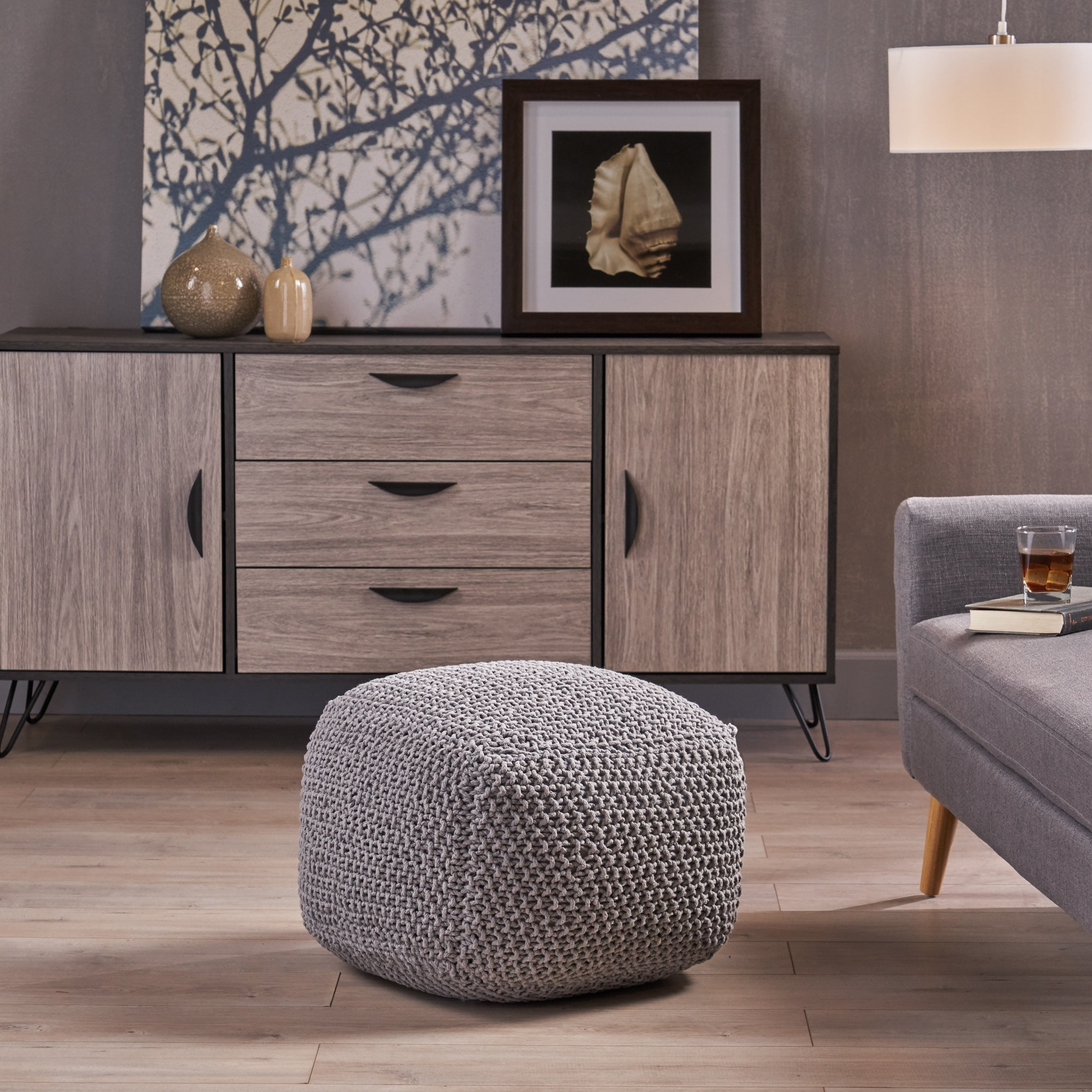 Noble House Knitted Cotton Square Pouf, Light Grey