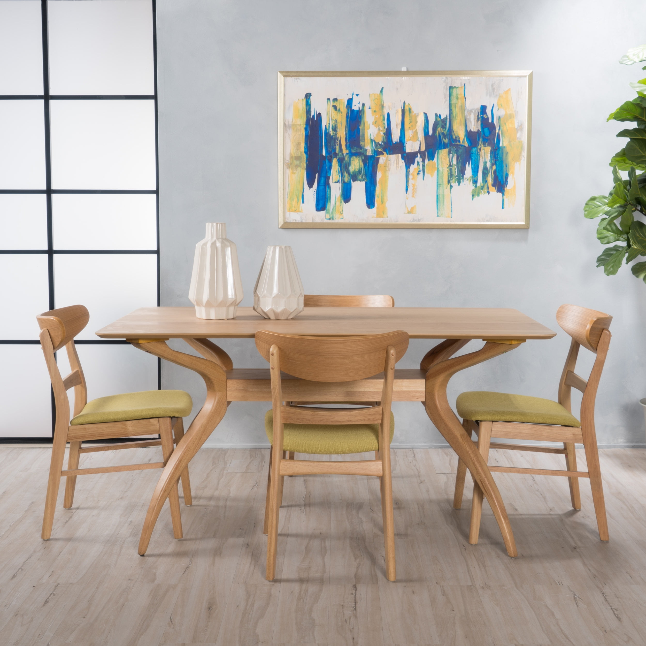 Noble House Lydia Mid-Century Modern 5 Piece Dining Set, Green Tea and Natural Oak