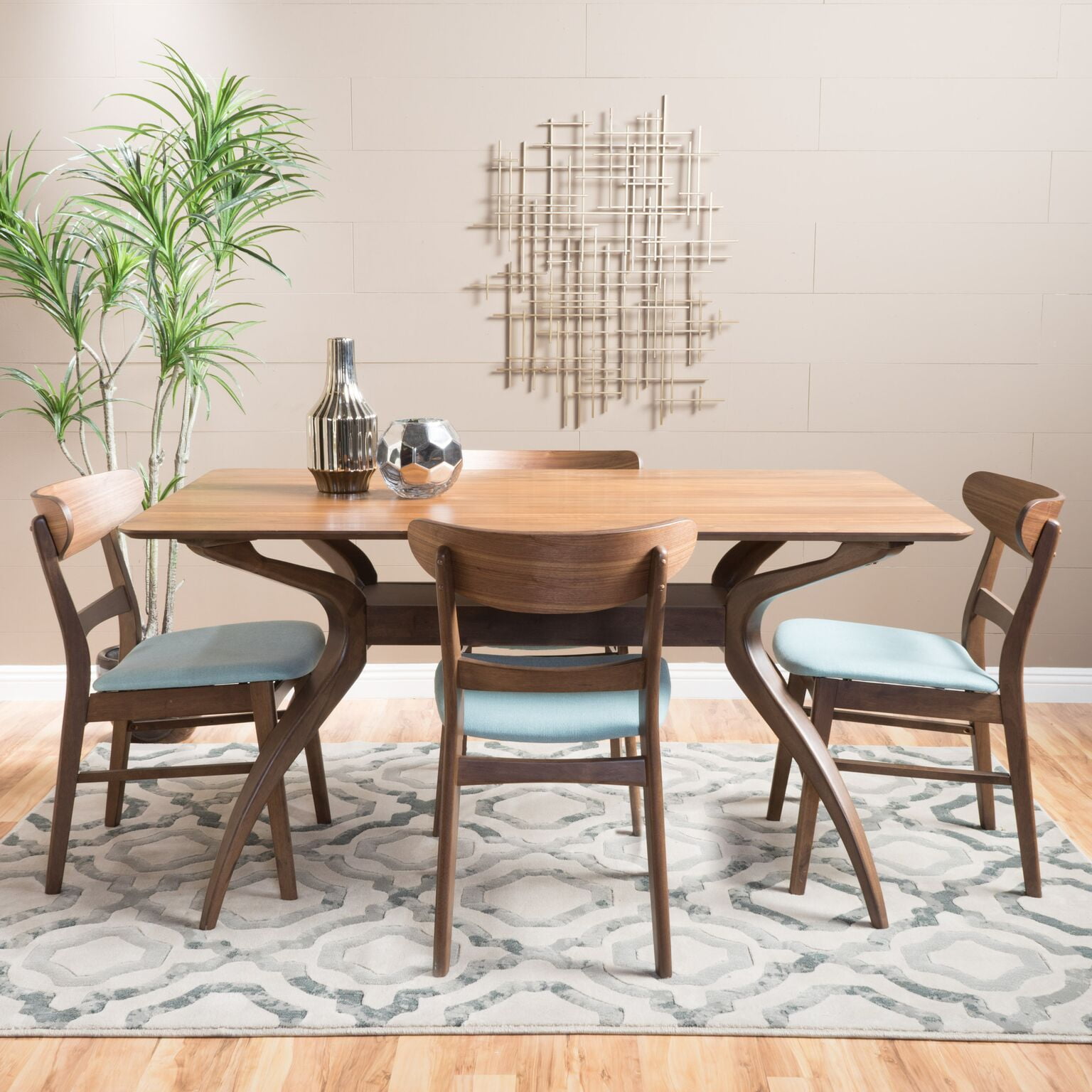 Noble House Lydia Mid-Century Modern 5 Piece Dining Set, Mint and Natural Walnut