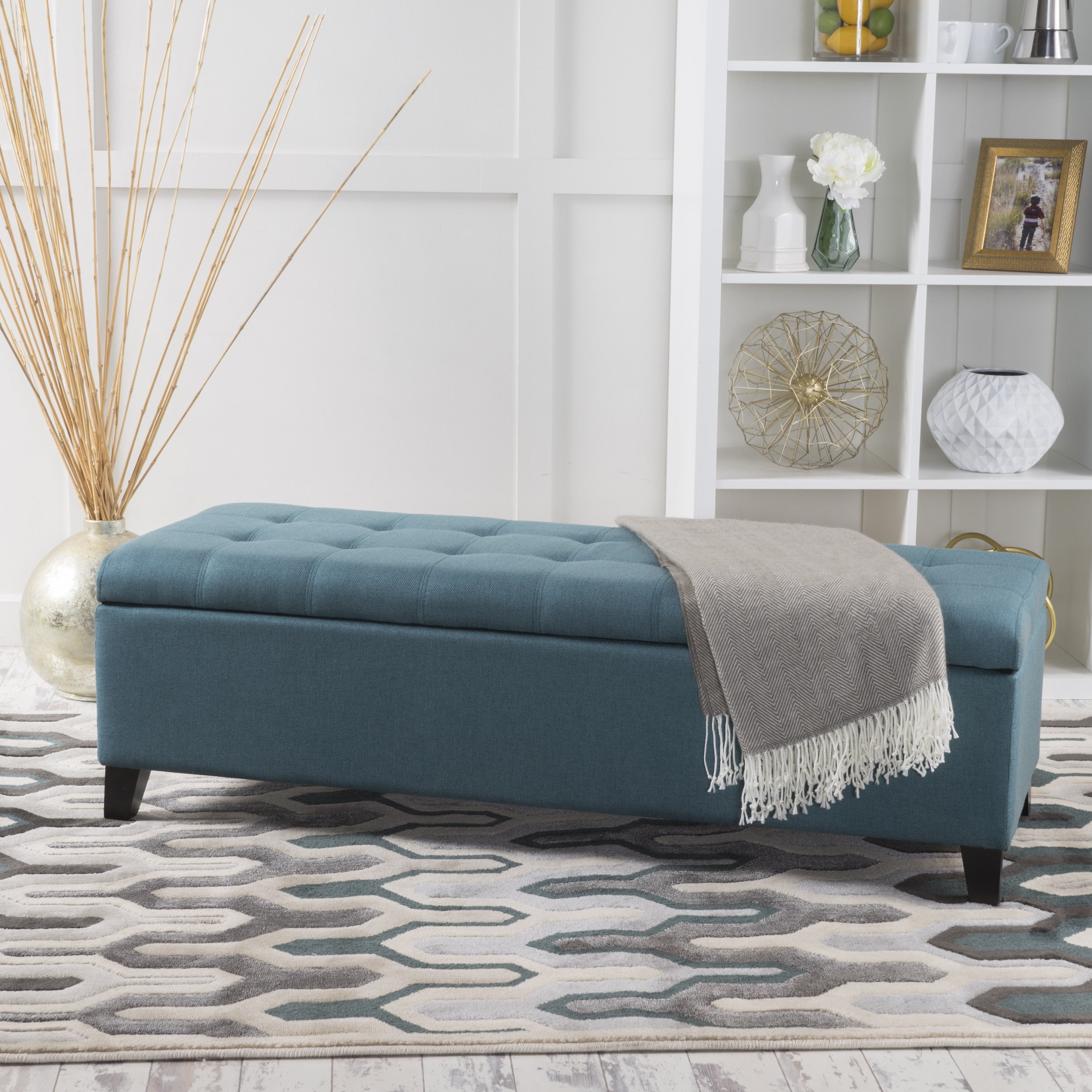 Noble House Maddie Dark Teal Fabric Storage Ottoman