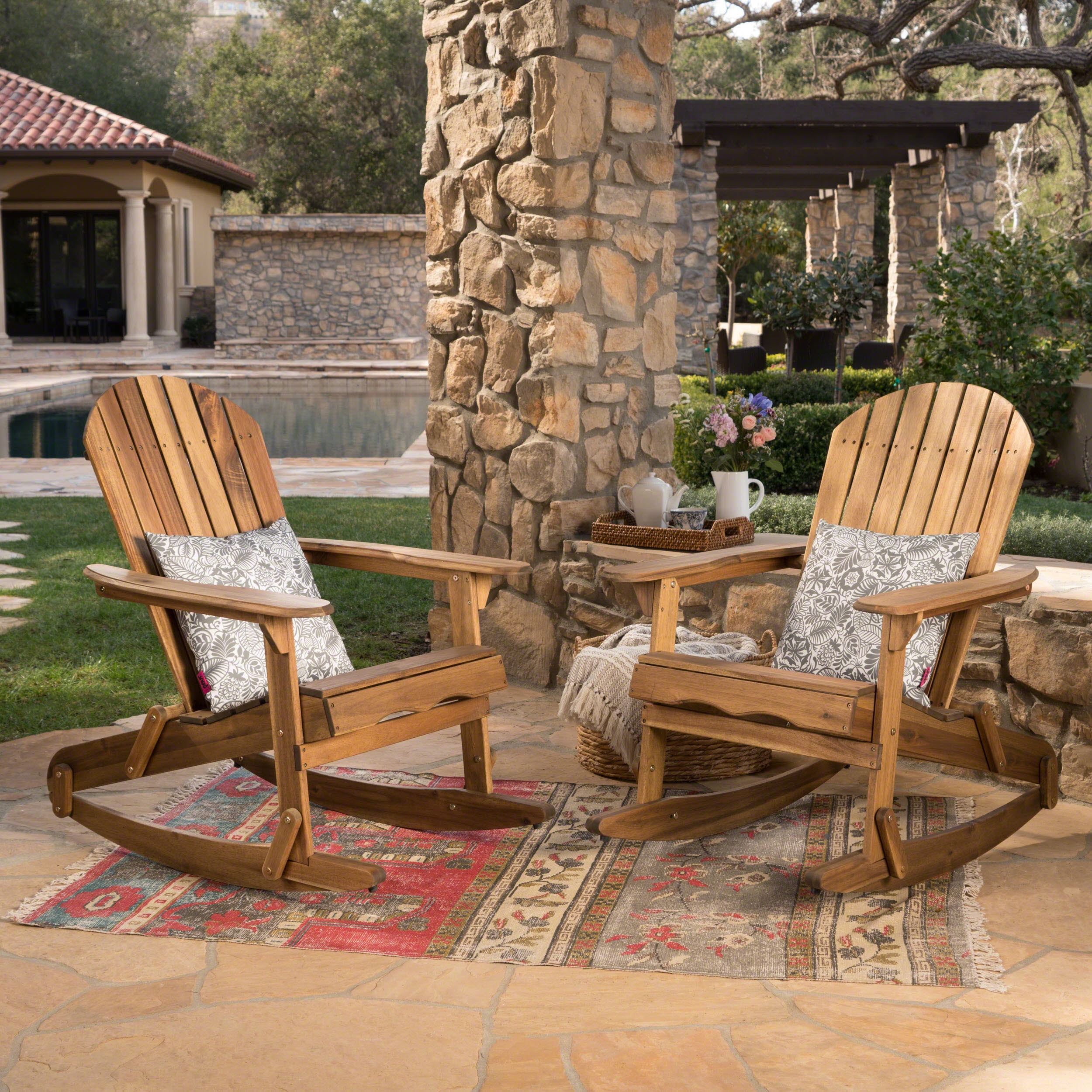 Noble House Malibu Wood Adirondack Rocking Chair in Natural Stained (Set of 2)